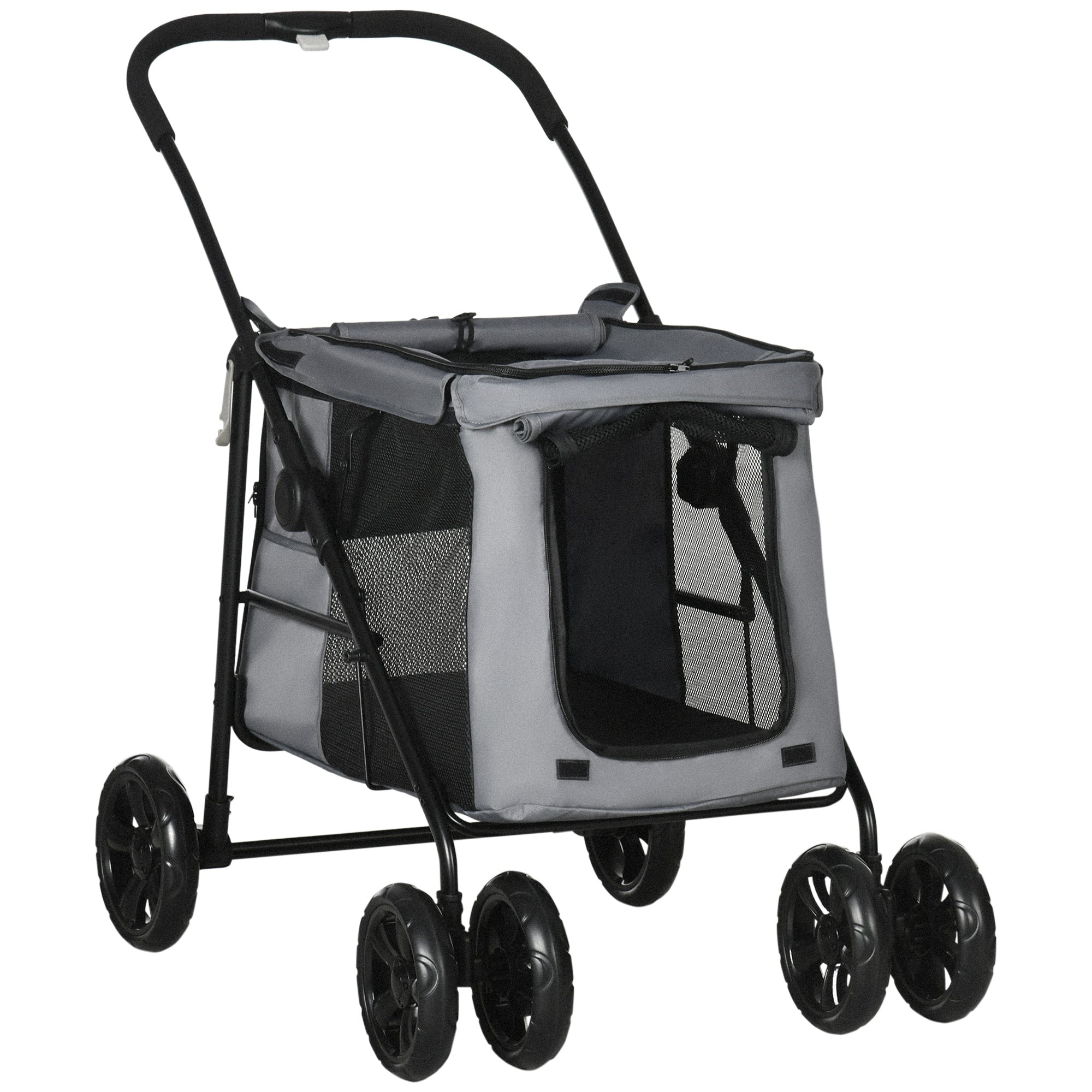 PawHut Dog Pram Dog Stroller 4 Wheels Pet Pushchair with Rolling Door, Cushion, Safety Leashes, for Small and Medium Dogs, Grey - North Peak Garden Furniture