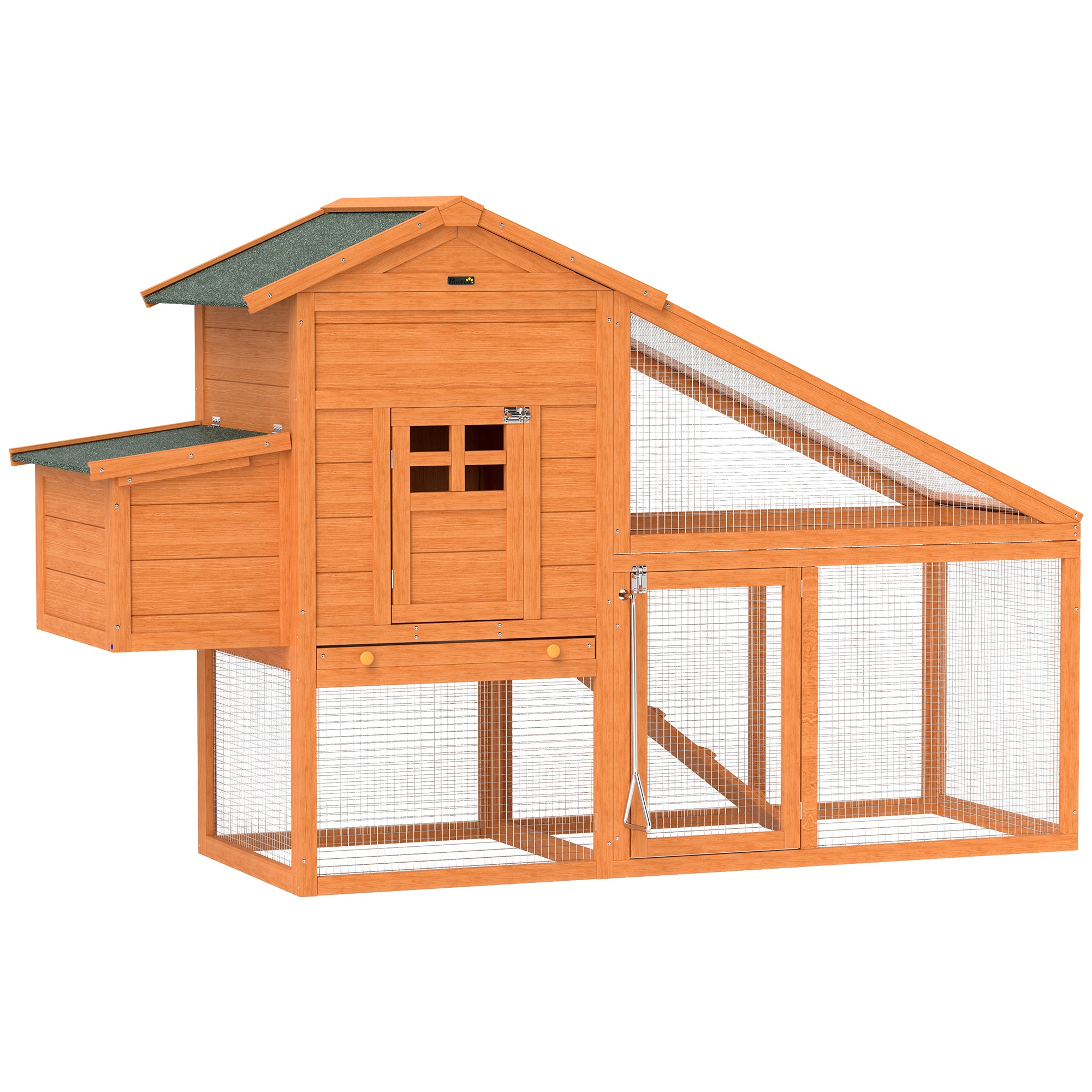 PawHut Wooden Chicken Coop with Run, Nesting Box, Slide-out Tray, Ramp, Perches, Asphalt Roof, 179 x 67 x 115cm - North Peak Garden Furniture