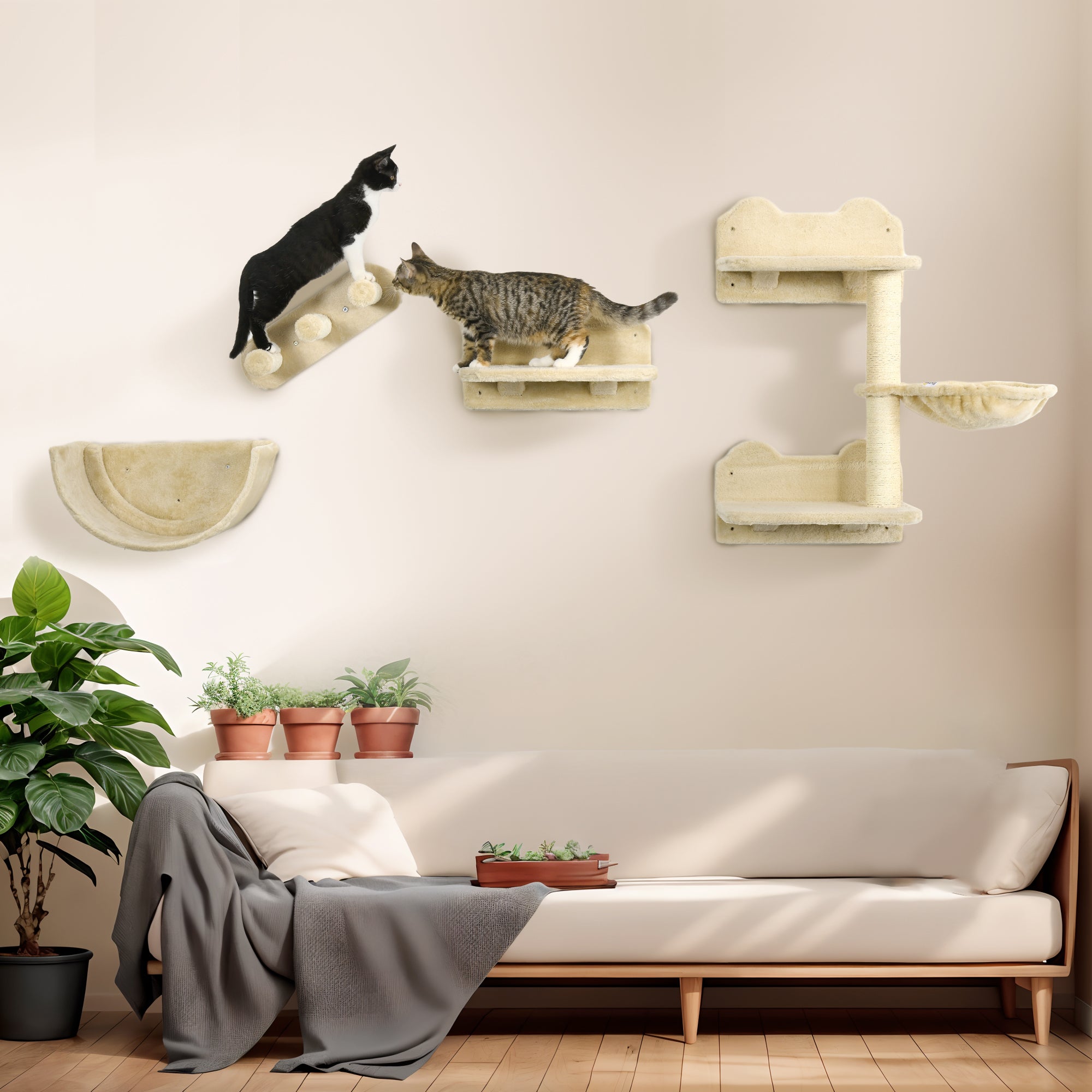 PawHut 4PCs Wall-Mounted Cat Shelves w/ Scratching Post, Hammock, Nest - Beige - North Peak Garden Furniture