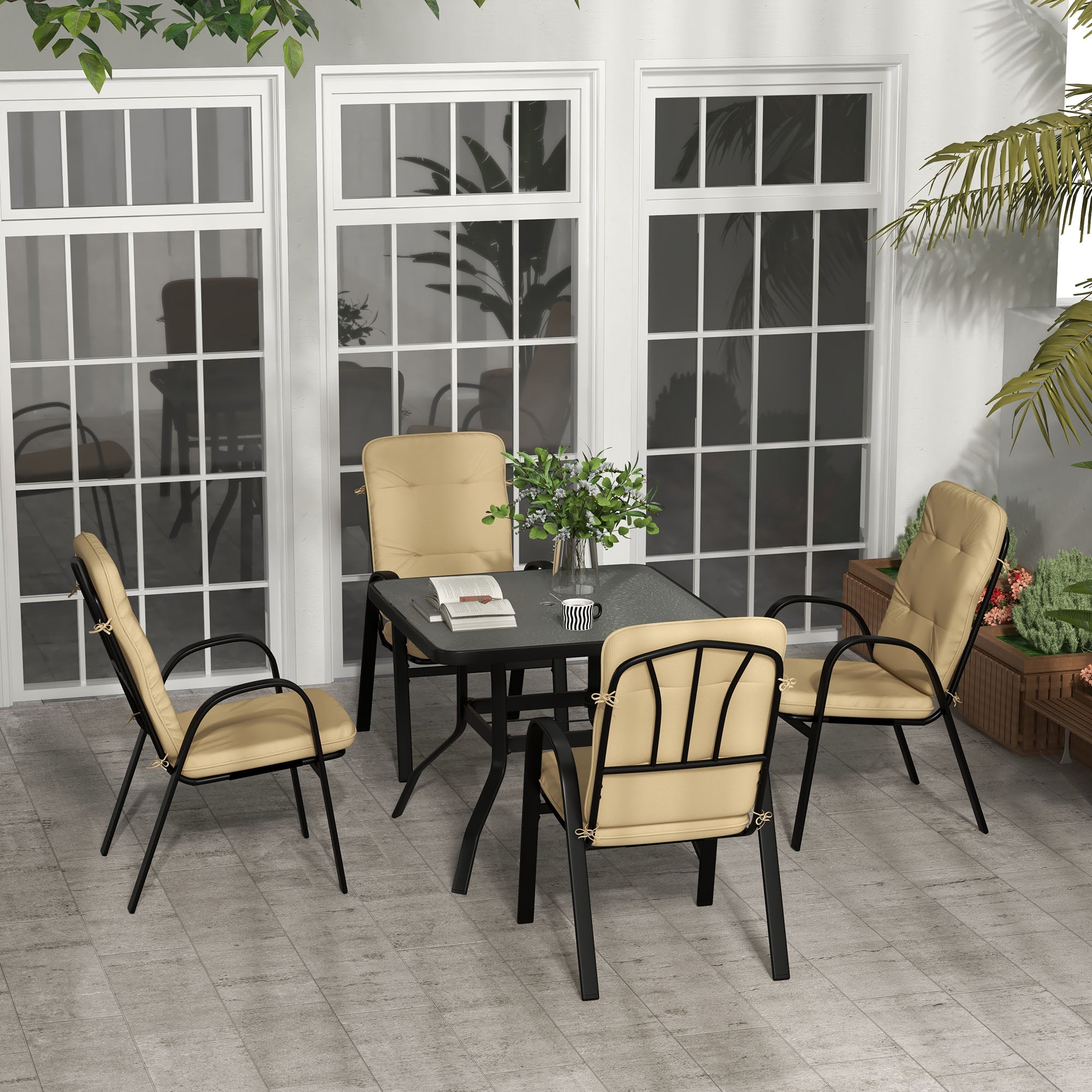 Outsunny 5 Pieces Outdoor Square Garden Dining Set w/ Tempered Glass Dining Table 4 Cushioned Armchairs, Umbrella Hole, Beige - North Peak Garden Furniture
