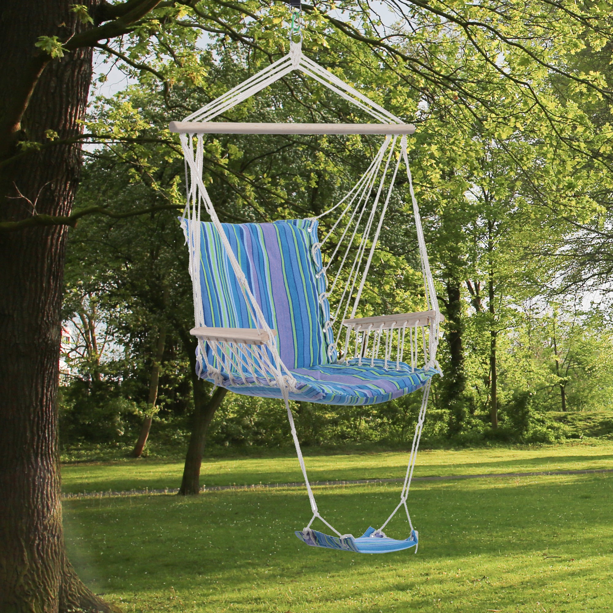 Outsunny Hanging Rope Chair with Soft Padded Seat & Backrest, Portable Garden Hammoc Chair with Wooden Support Bar, Armrests, Cotton Cloth, Footrest, for Patio & Tree, Blue - North Peak Garden Furniture