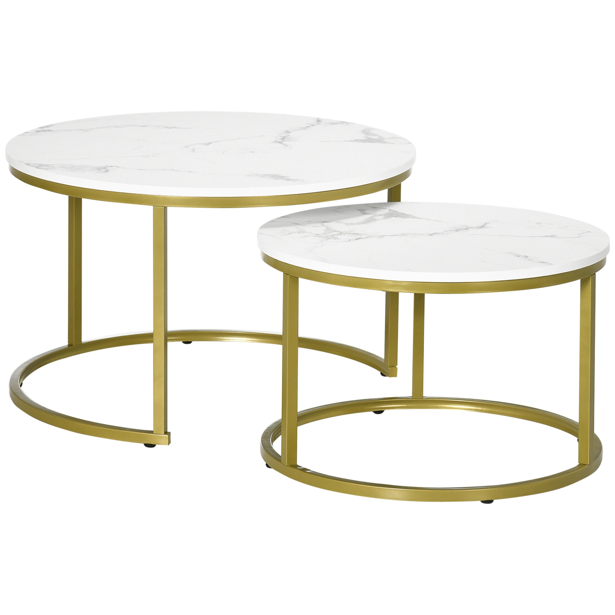 HOMCOM Coffee Table Set of 2, Round Nest of Tables with Faux Marble Tabletop and Metal Frame, Modern Side Tables for Living Room, White - North Peak Garden Furniture