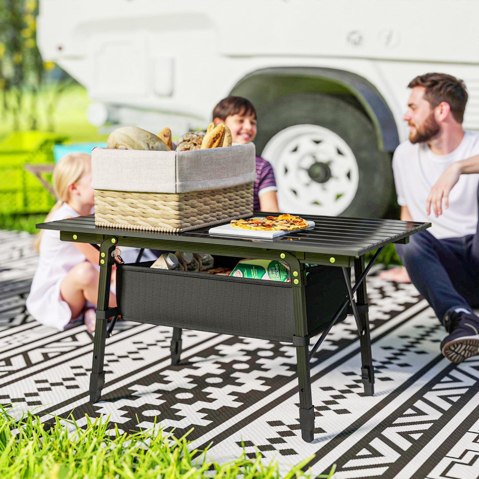 Outsunny Folding Camping Table, 90 x 55 cm Height Adjustable Portable Collapsible Table, 3ft Lightweight Aluminium Rollup Picnic Table with Storage Basket for Outdoor Garden Party BBQ, Black - North Peak Garden Furniture