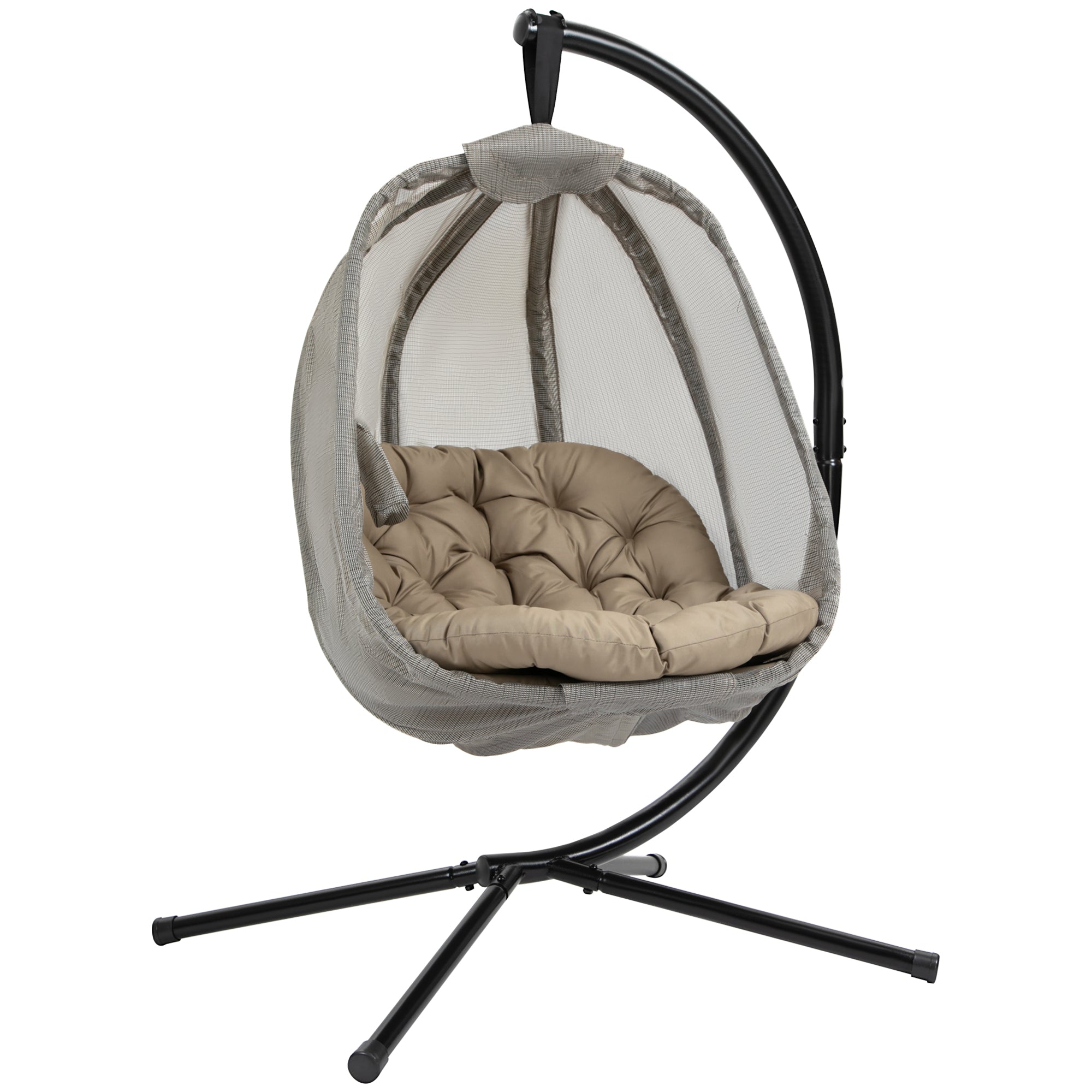 Outsunny Hanging Egg Chair, Folding Texteline Swing Hammock with Side Pocket, Cushion and Stand for Indoor Outdoor, Patio Garden Furniture, Khaki - North Peak Garden Furniture