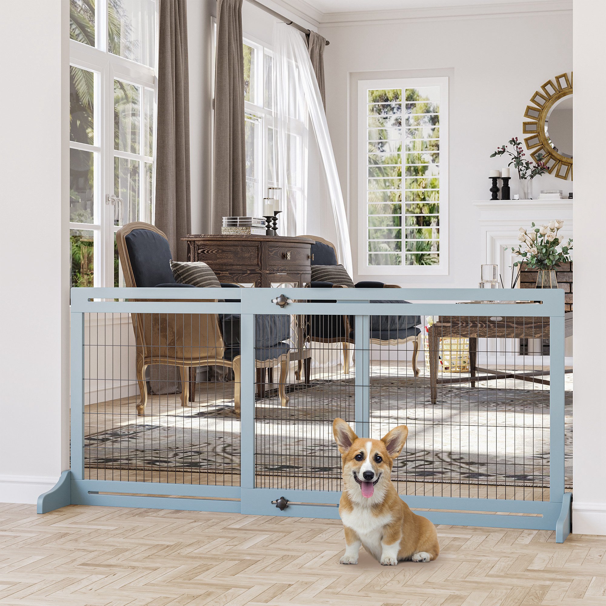 PawHut Freestanding Dog Gate, Foldable Pet Fence, Indoor Wood Barrier, Stair Gate with Support Feet, for Doorway, Hallway, Small and Medium Dogs, 69H x 104-183 cm, Blue-grey - North Peak Garden Furniture