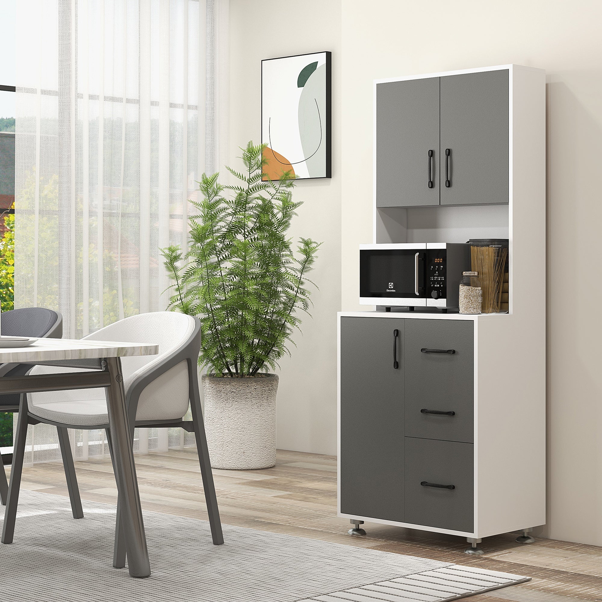 HOMCOM Modern Kitchen Cupboard with Storage Cabinets, 3 Drawers and Open Countertop for Living Room, Grey - North Peak Garden Furniture