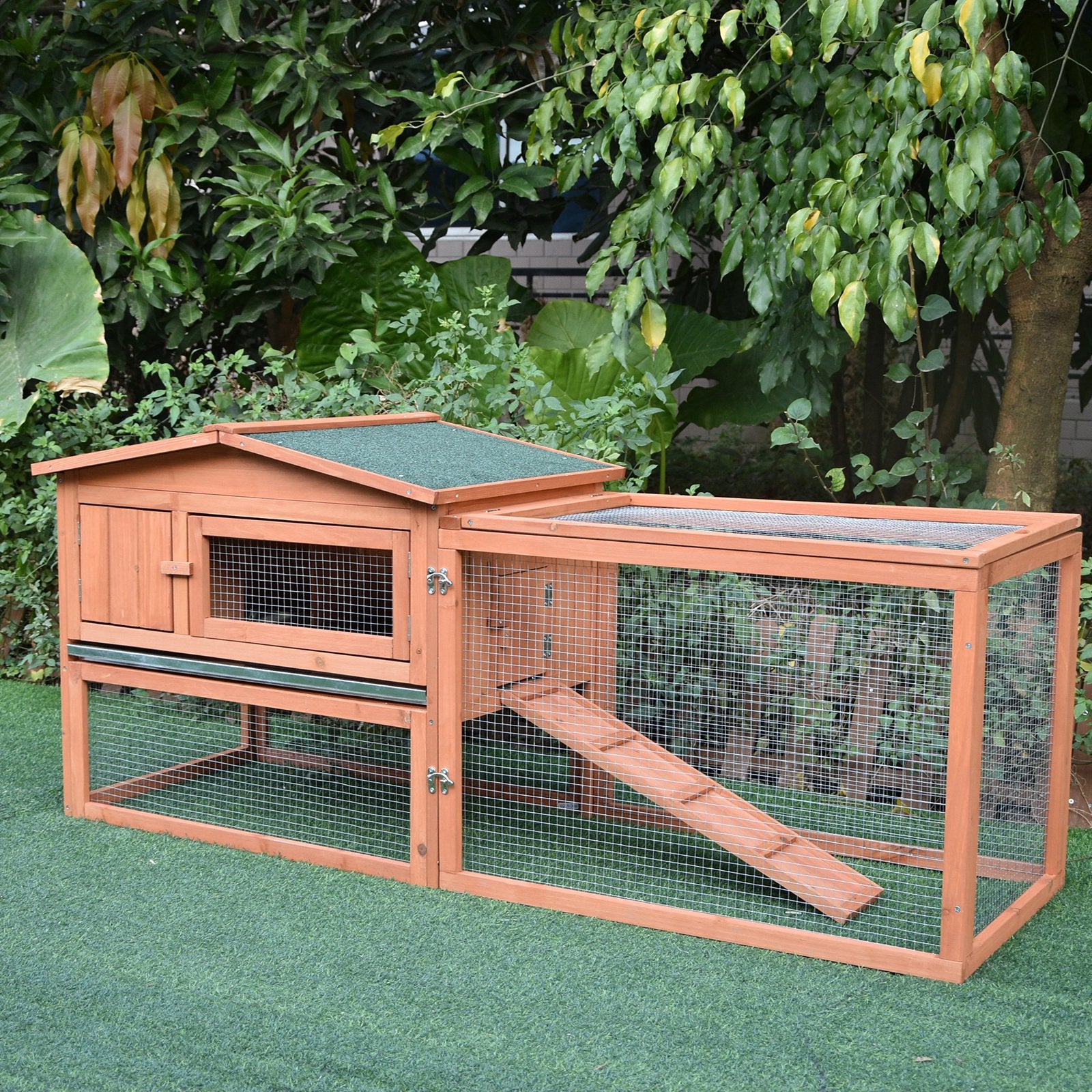 Pawhut 2 Floor Wooden Guinea Pigs Hutches House Bunny Coop Outdoor Garden Backyard, 158L x 58W x 68H cm - North Peak Garden Furniture
