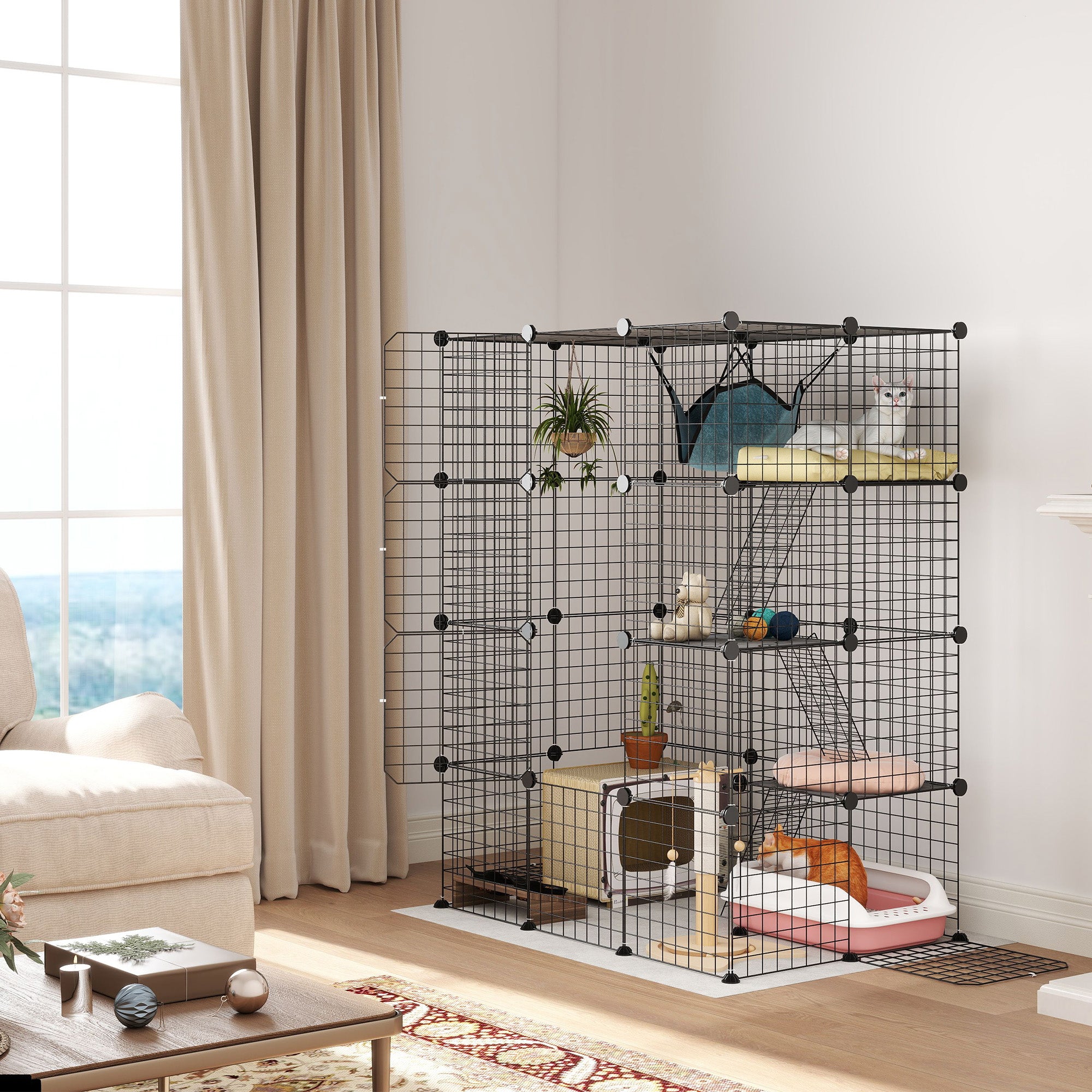 PawHut Four-Tier DIY Large Cat Cage with Hammock, Ramps, Five Doors, Indoor Use for 1-3 Cats, Black