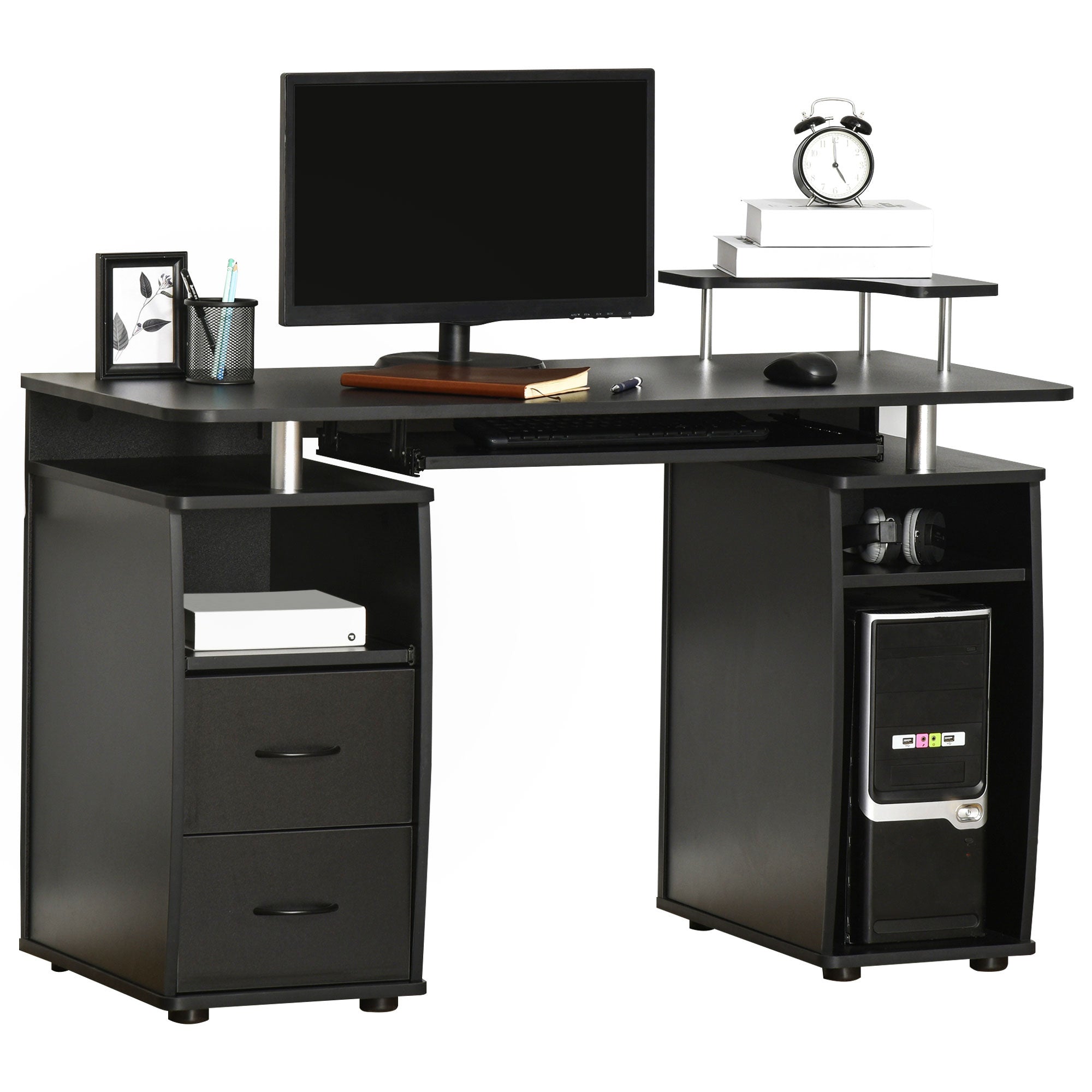 HOMCOM Computer Desk Office PC Table Workstation with Keyboard Tray, CPU Shelf, Drawers, Sliding Scanner Shelf, Black - North Peak Garden Furniture