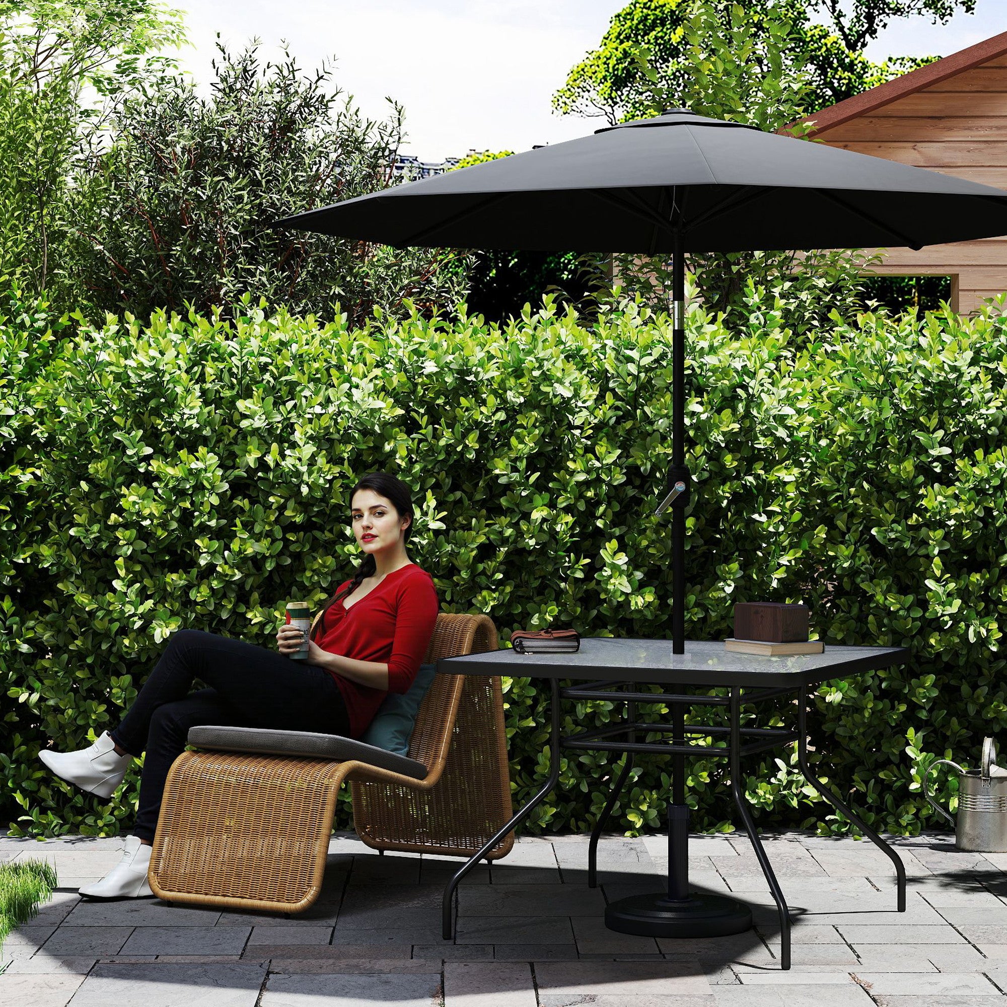 Outsunny Square Garden Dining Table with Tempered Glass Top & Umbrella Hole, 100 x 100 cm - North Peak Garden Furniture