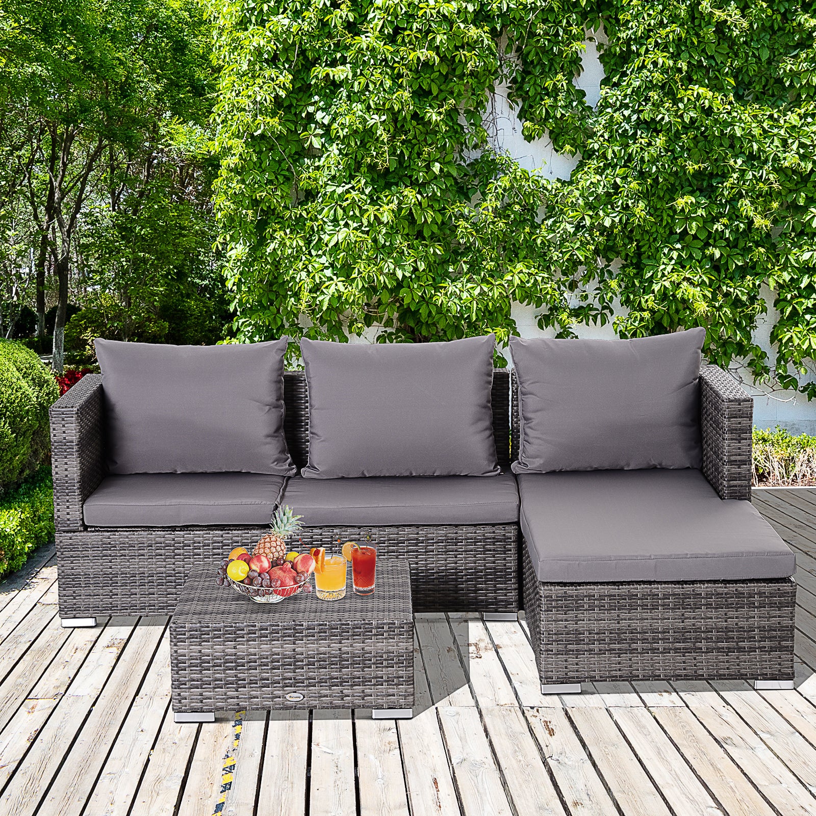 Outsunny 3PC Rattan Garden Furniture Storage Sofa Set 4 Seater Wicker Coffee Table Conservatory Sun Lounger Reclining Set Outdoor Weave with Cushion Grey - North Peak Garden Furniture
