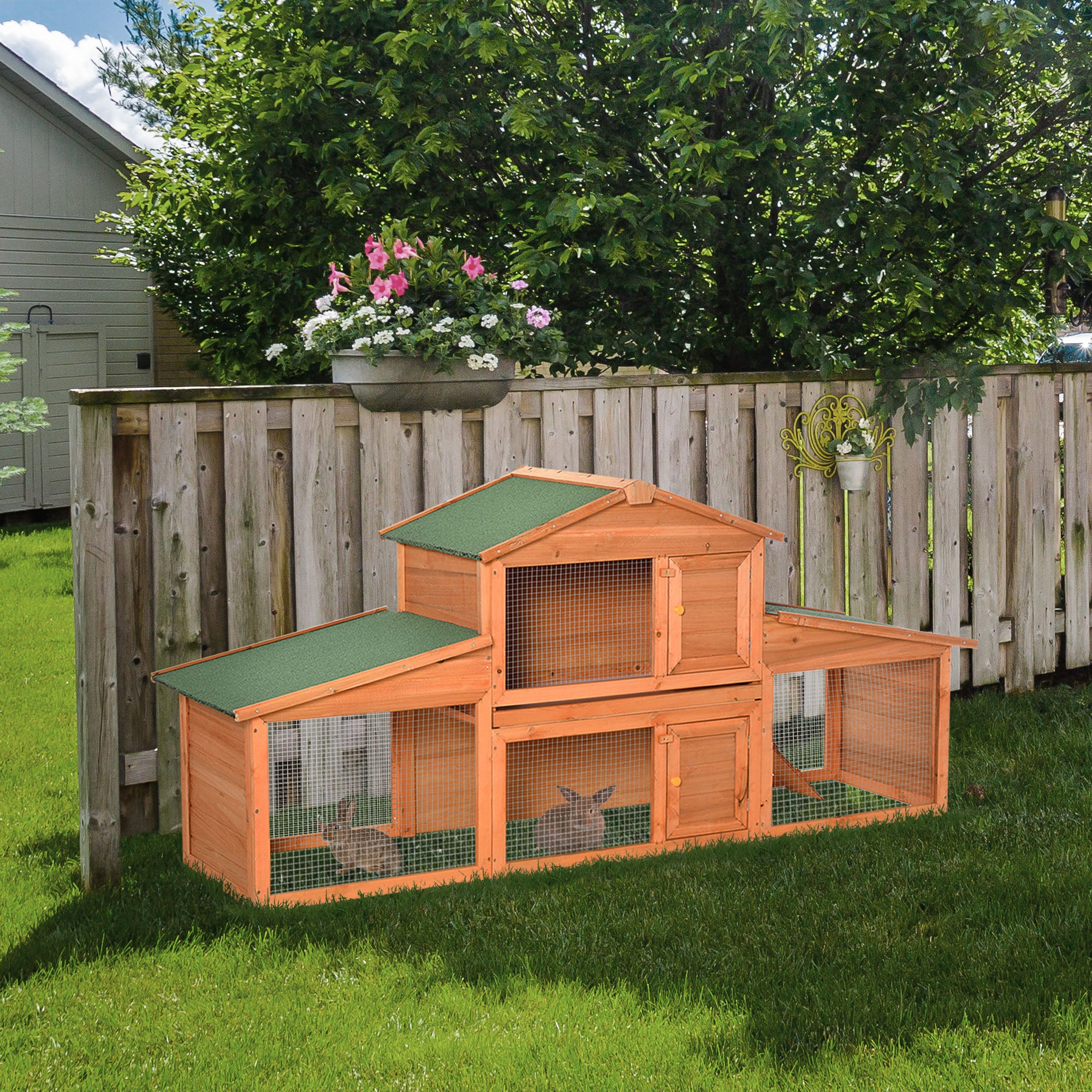 PawHut Large Rabbit Hutch Outdoor, Guinea Pig Hutch, Wooden Small Animal House, with Rabbit Run, 215 x 63 x 97 cm - North Peak Garden Furniture