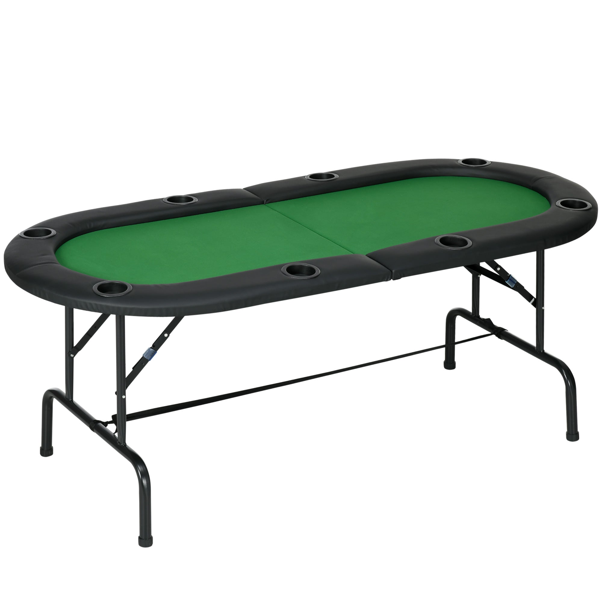 HOMCOM 8 Player Folding Poker Table, Oval Portable Blackjack Casino Table with Cup Holder, Felt Top and Metal Base, 183 x 82 x 75cm, Green and Black - North Peak Garden Furniture