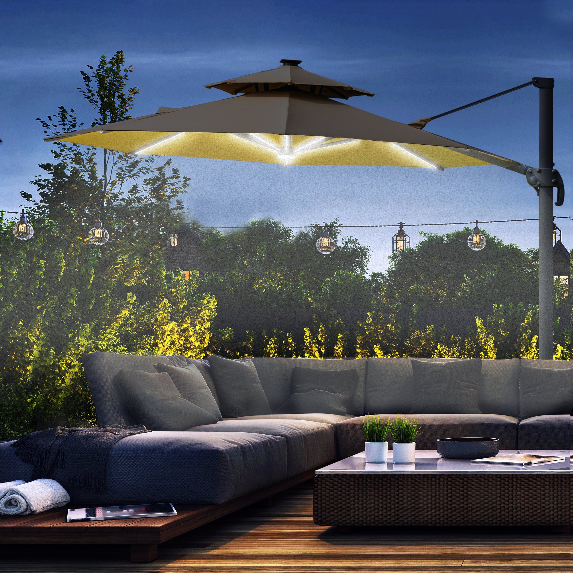 Outsunny 3m Cantilever Parasol w/ Solar Lights Power Bank Base 360° Spin Khaki - North Peak Garden Furniture