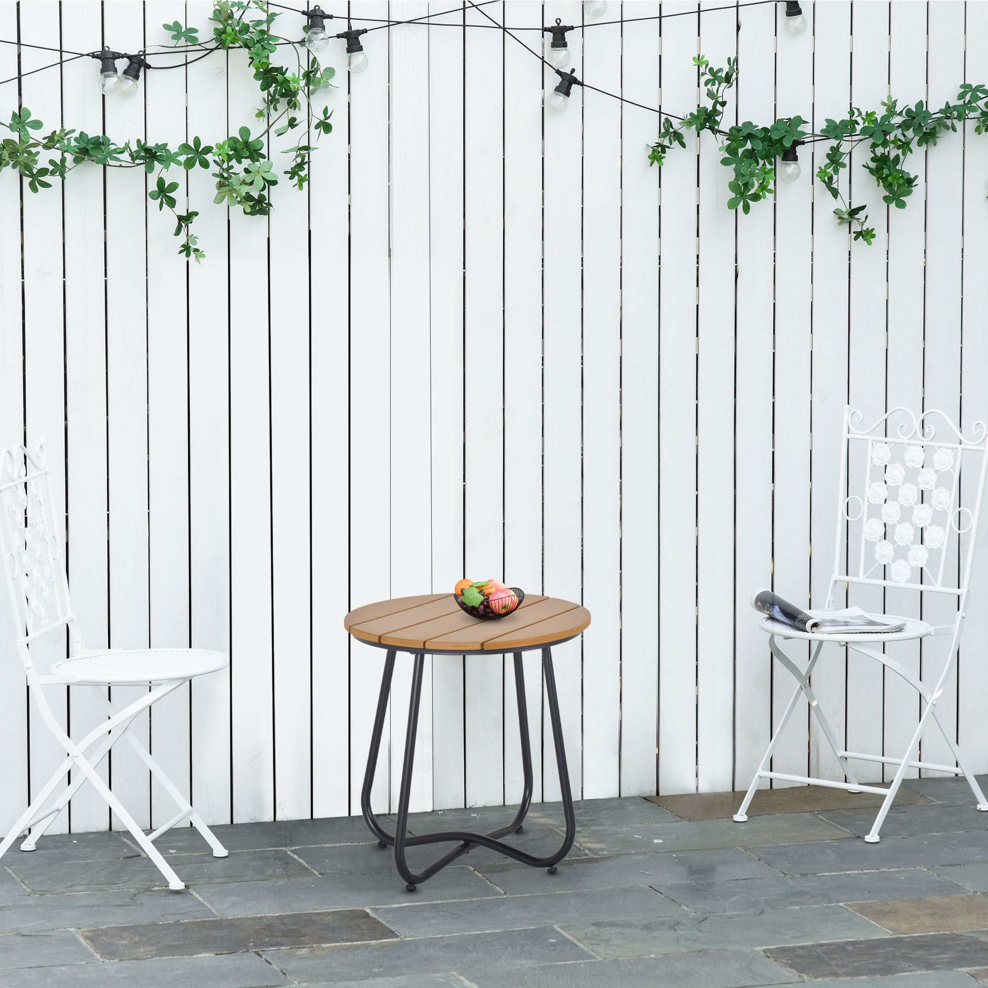 Outsunny Round Outdoor Side Table Adjustable Leg Pads Garden Table 49 x 49 x 48 cm Natural Wood & Black