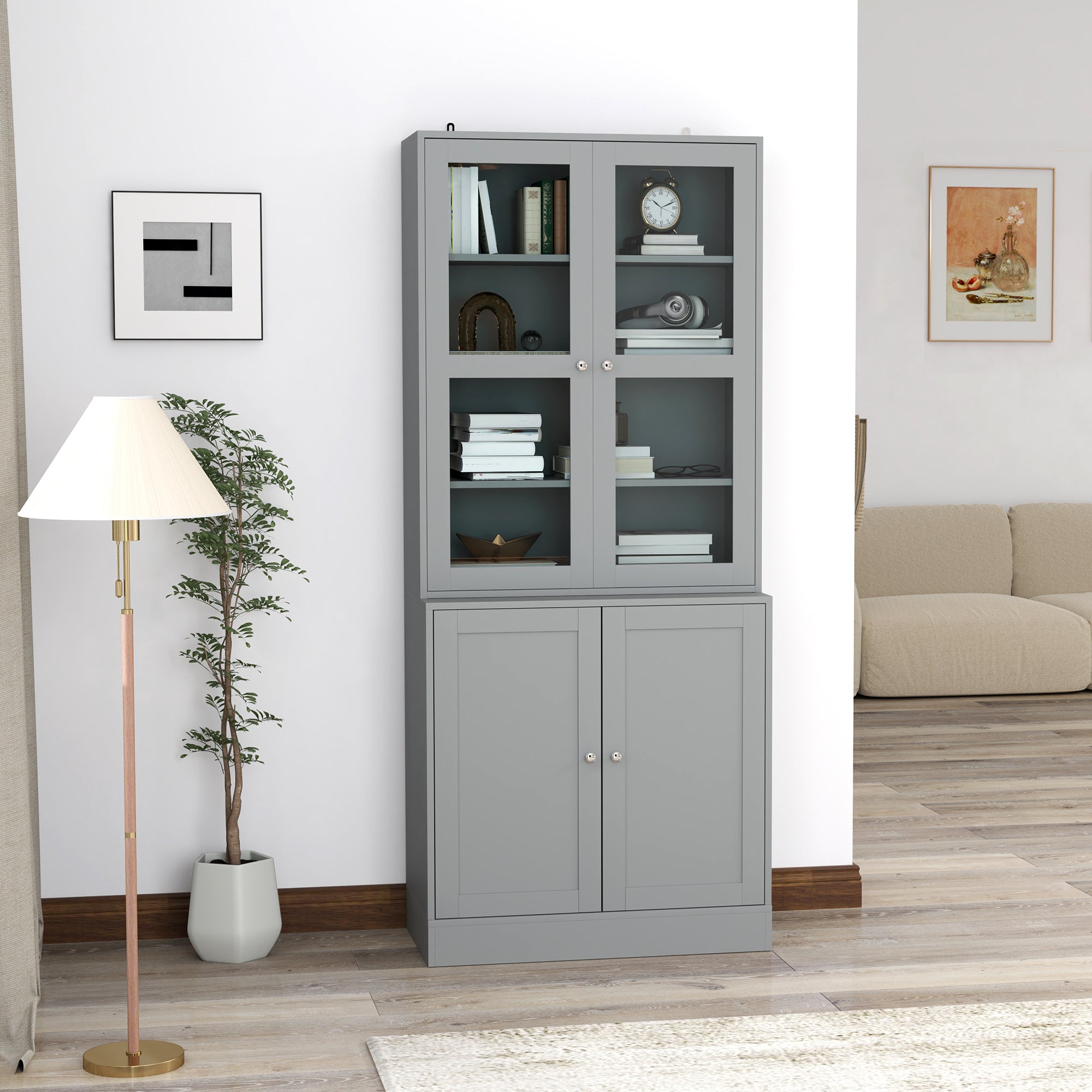HOMCOM Double Storage Display Cabinet - Grey - North Peak Garden Furniture