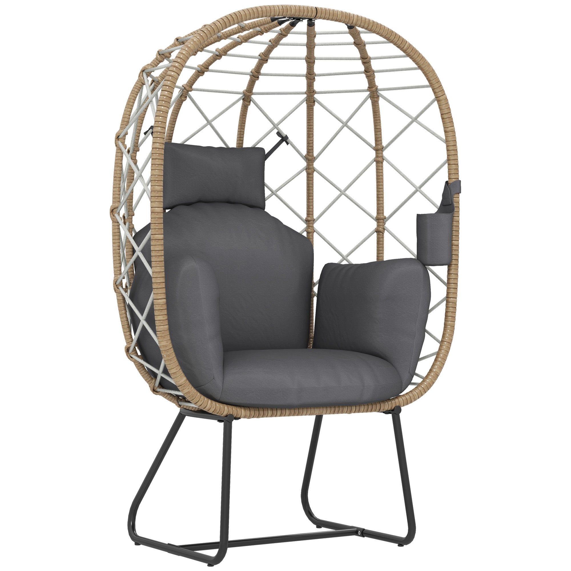 Outsunny Rattan Egg Chair Outdoor Indoor Wicker Chair with Thickened Cushion and Headrest, Standing Garden Egg Chair with Cup Holder, Metal Frame for Patio, Balcony, Brown - North Peak Garden Furniture