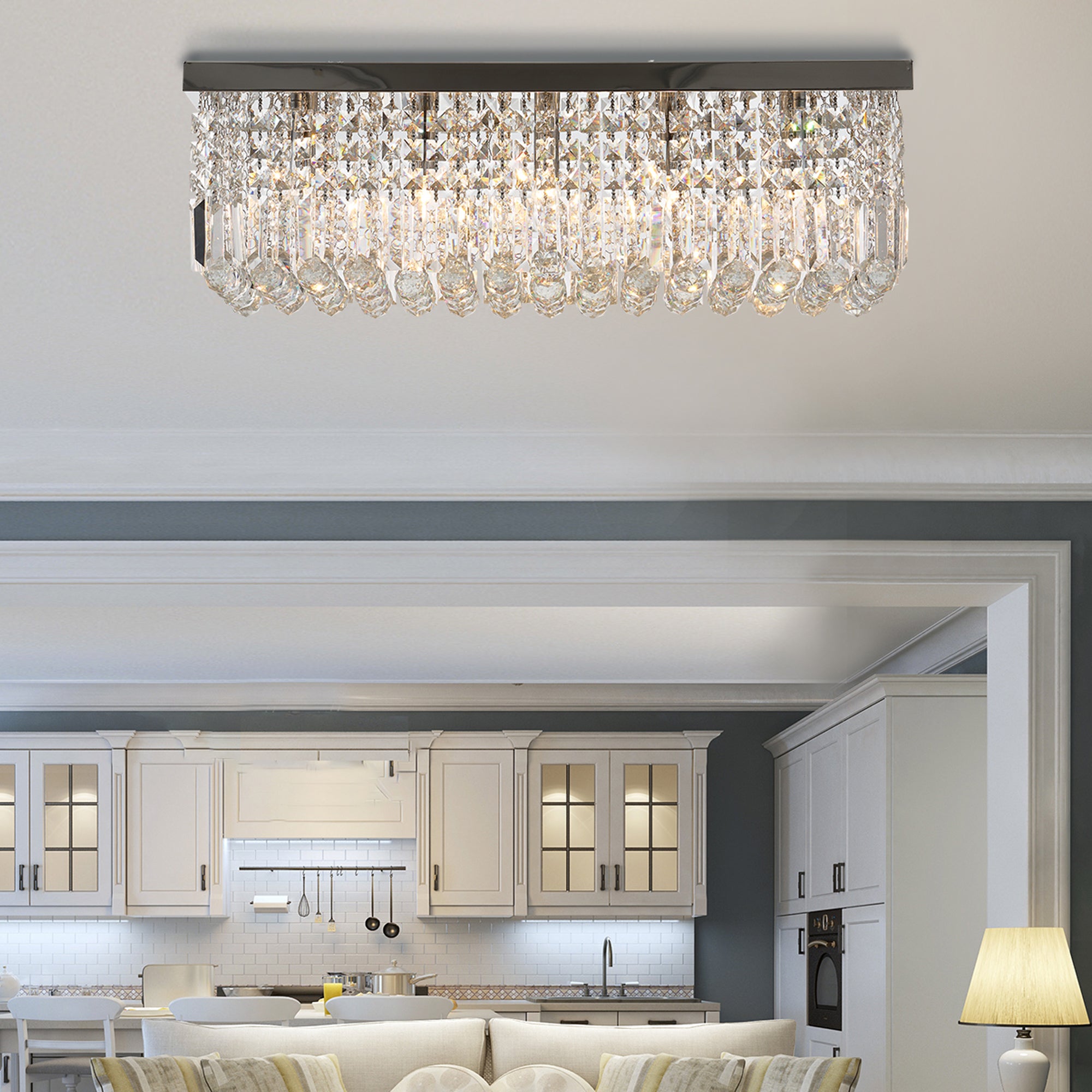 HOMCOM Modern Crystal Ceiling Light Square Crystal Chandelier for Living Room, Dining Room, Hall, E14 Base, Silver, 80 x 25 x 23cm - North Peak Garden Furniture
