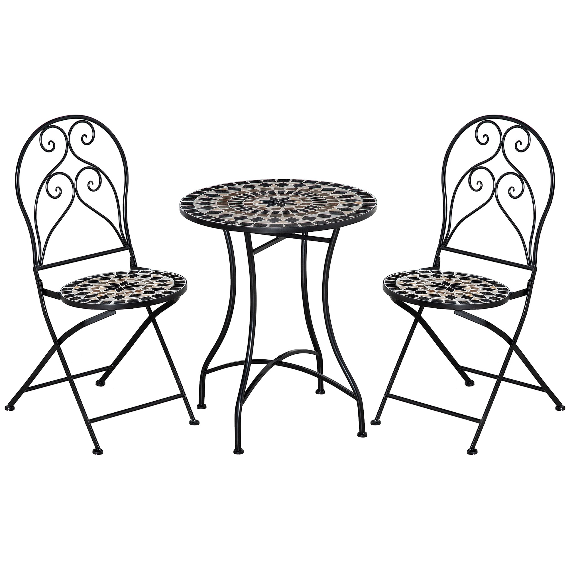 Outsunny 3 Piece Garden Bistro Set with Coffee Table and 2 Folding Chairs, Mosaic Tile Top and Seats, Metal Frame, for Patio Balcony - North Peak Garden Furniture