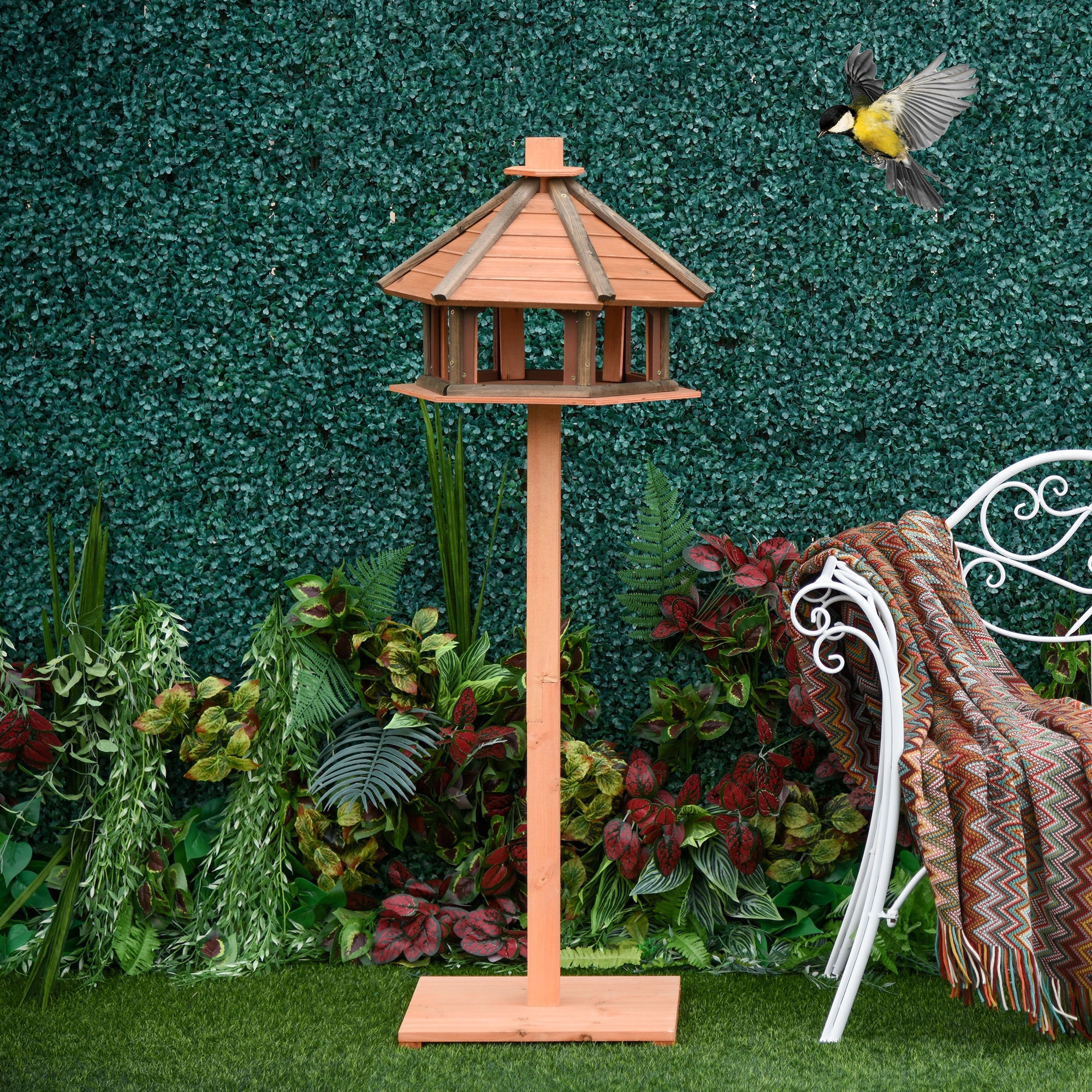 PawHut Wooden Bird Table Bird Feeding Station Playstand with Roof 130Hcm for Outdoor Brown - North Peak Garden Furniture