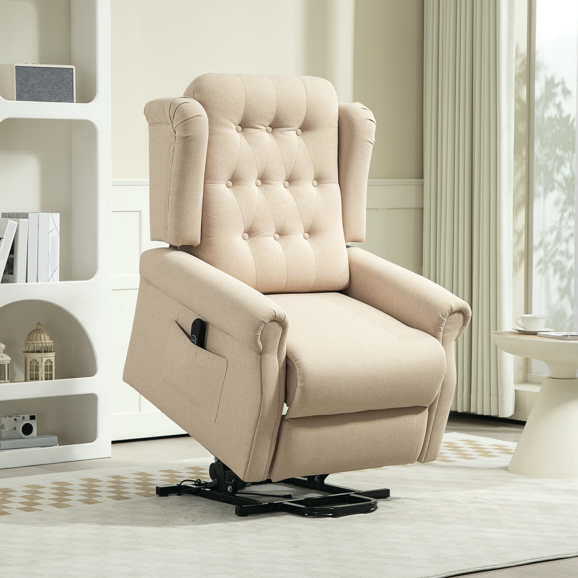 HOMCOM Power Lift Recliner Chair, Wingback Button Tufted Electric Lift Chair for Elderly, Fabric Riser and Reclining Armchair with Remote Control, Side Pockets, for Living Room, Beige - North Peak Garden Furniture