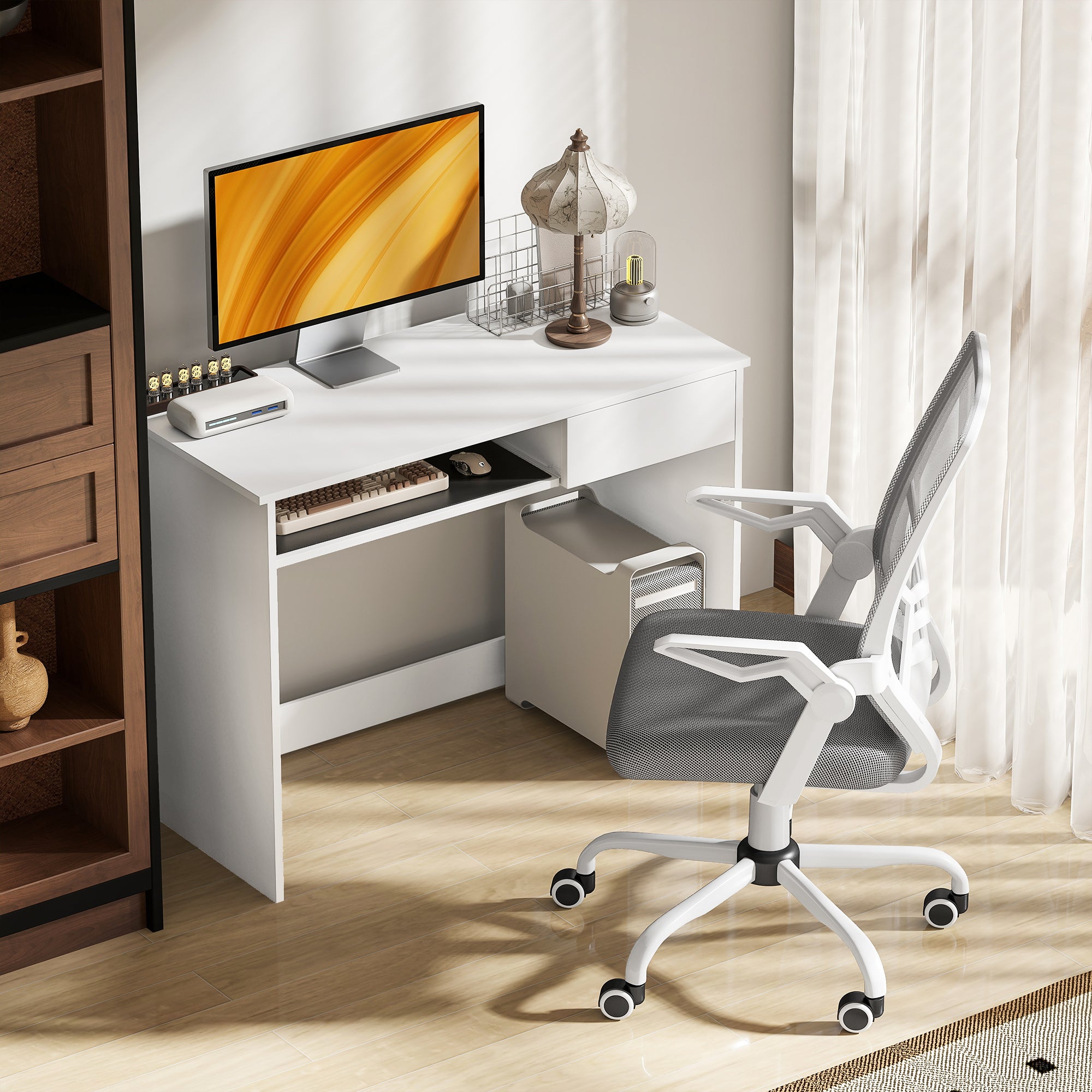 Vinsetto Home Office Chair and Computer Desk Set, Mesh Chair with with 90° Flip-up Armrest, Study Desk with Keyboard Tray and Drawer, White and Grey