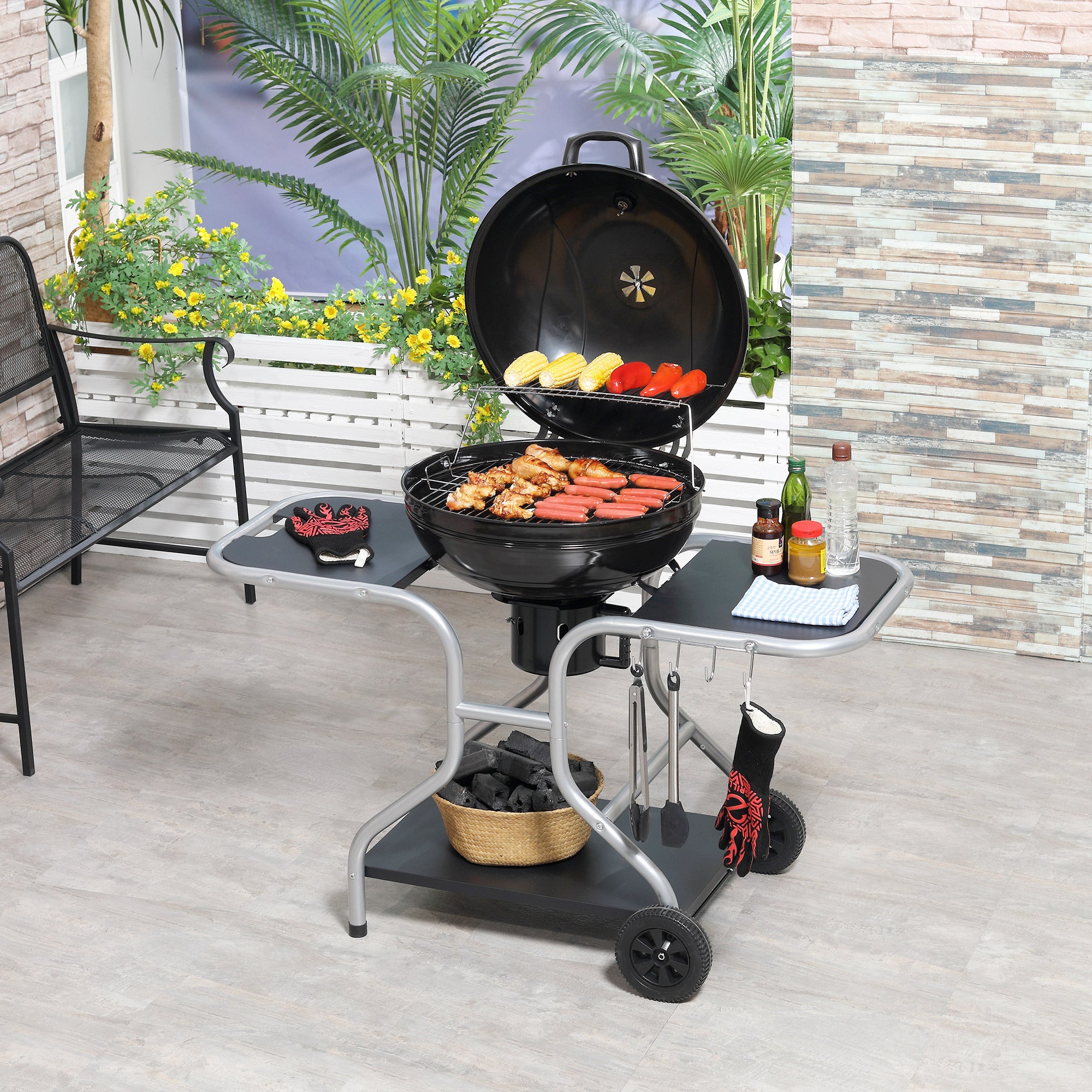 Outsunny Portable Charcoal Kettle Grill Outdoor Barbecue Trolley BBQ Heat Smoker Grilling with Two wheels, Free Standing Black - North Peak Garden Furniture