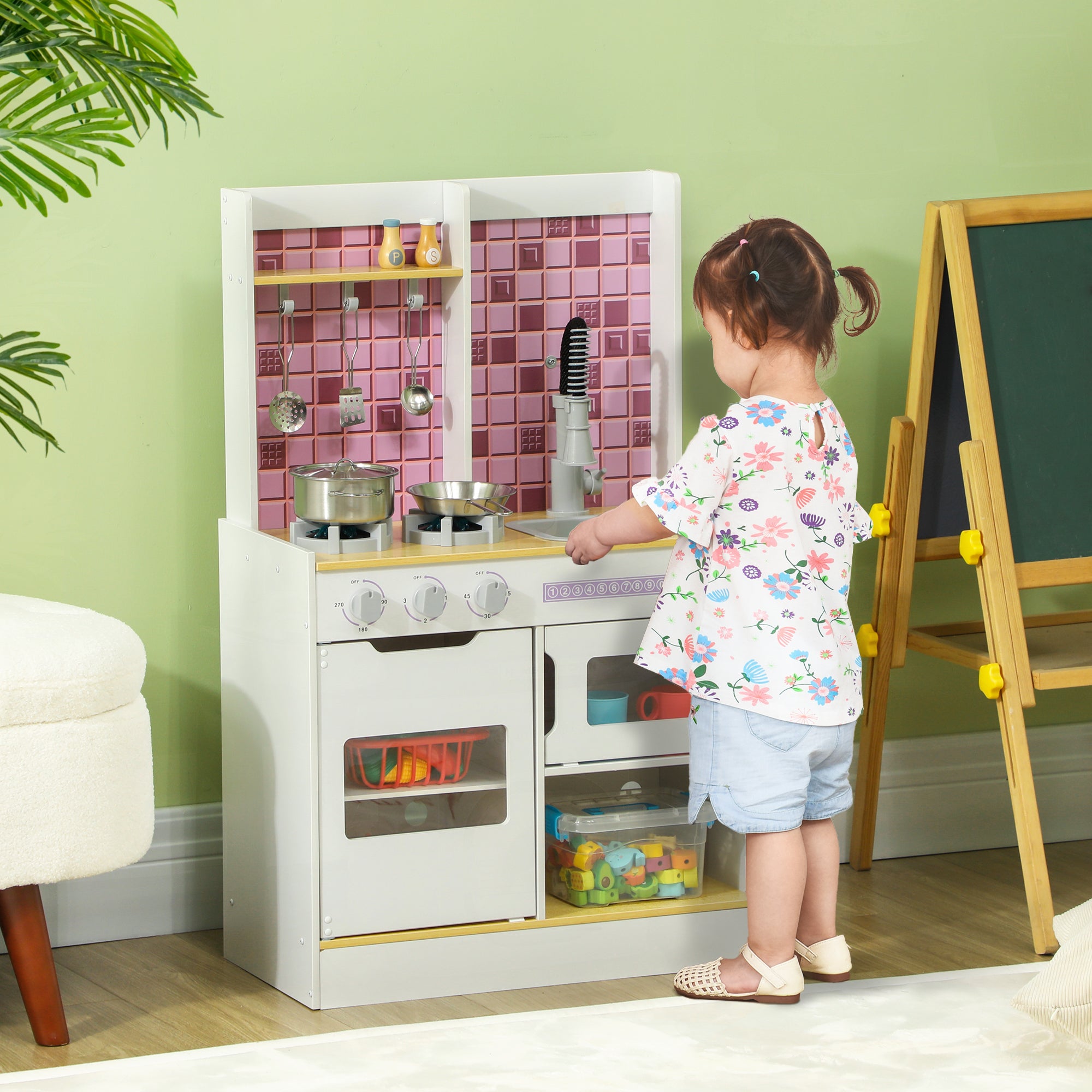 AIYAPLAY Kids Play Kitchen, Pretend Play Kitchen with Realistic Oven, Stove, Sink, Kitchen Accessories, White - North Peak Garden Furniture