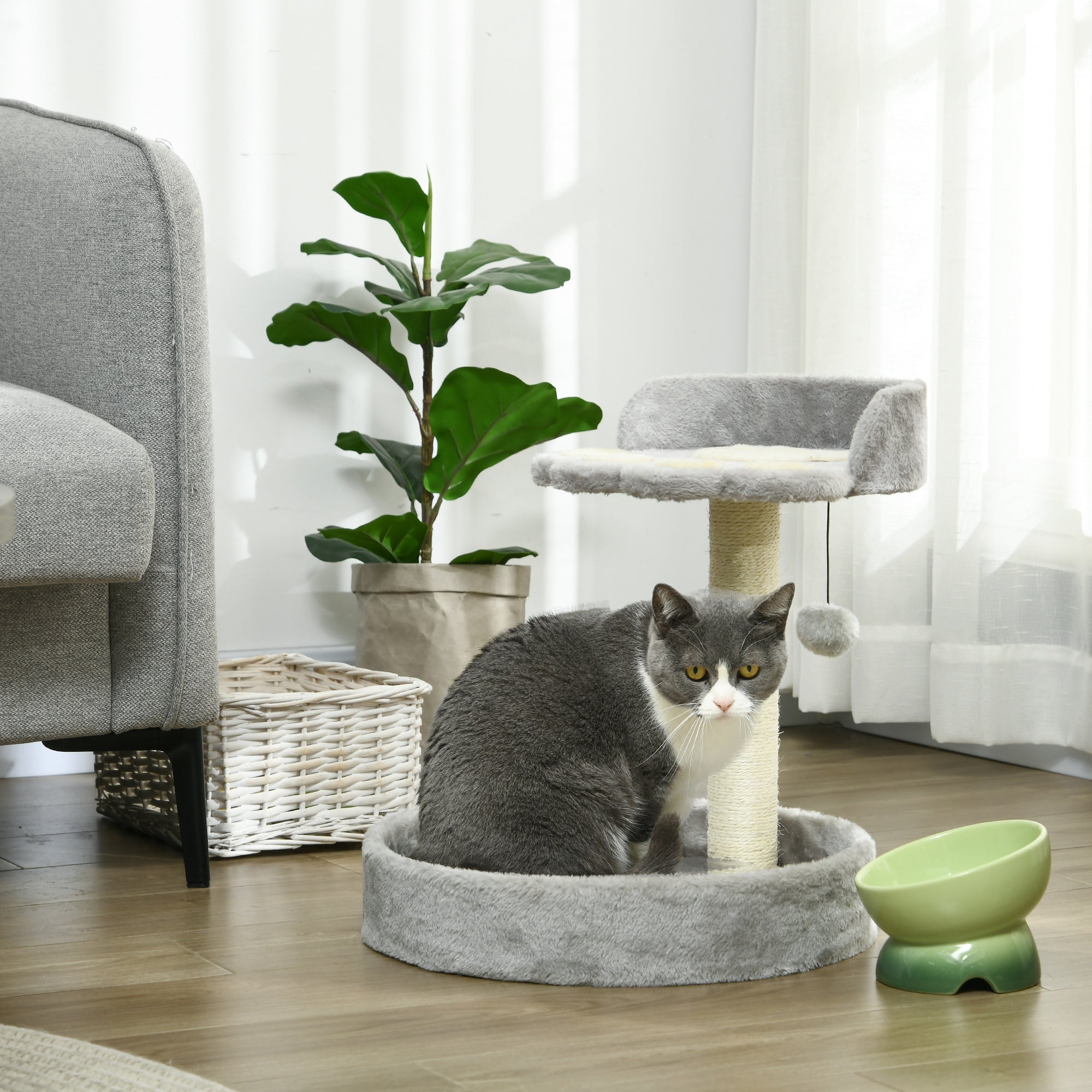 PawHut 44cm Cat Tower, Cat Tree for Indoor Cats, with Sisal Cat Scratching Post, Toy Ball - Light Grey - North Peak Garden Furniture