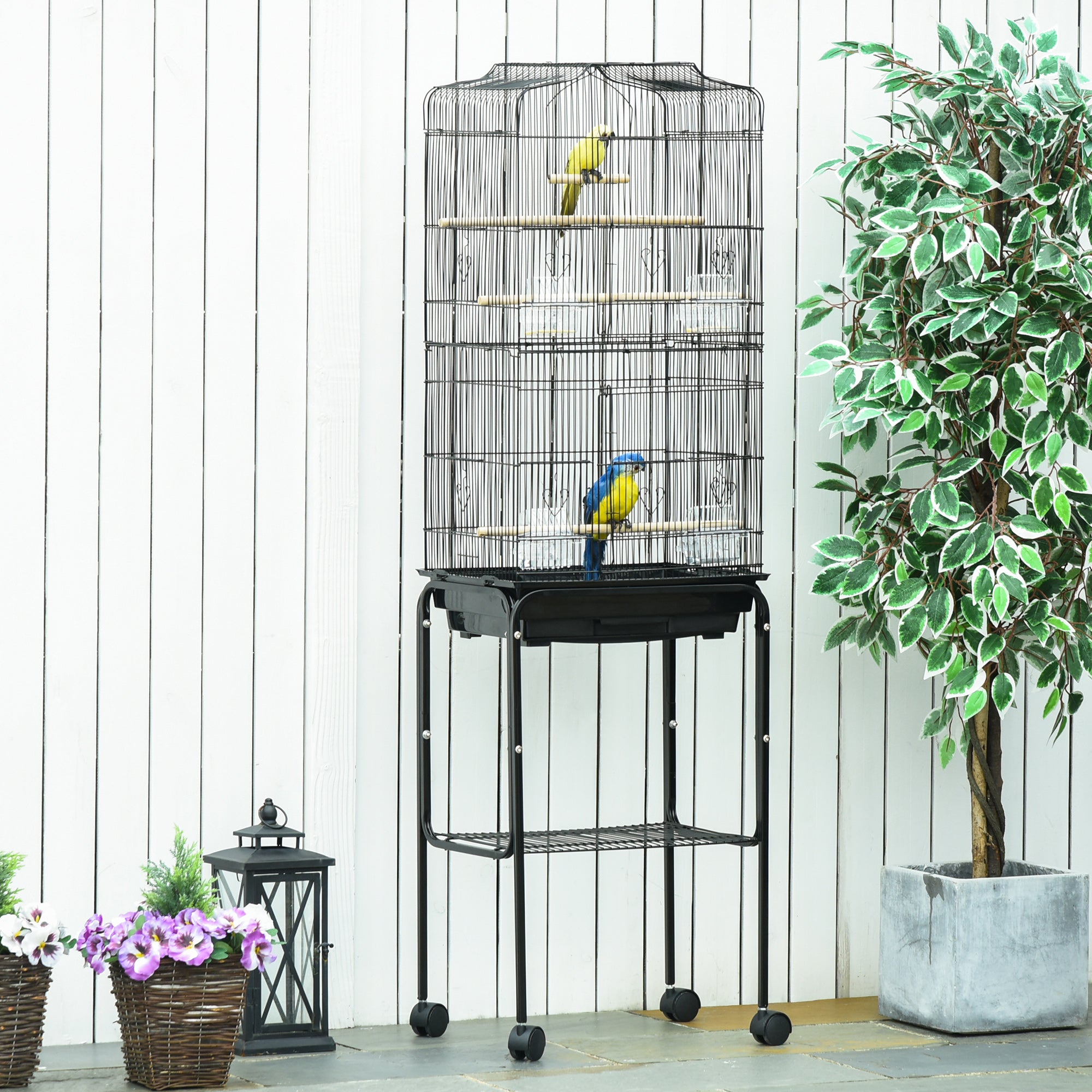 PawHut Bird Cage Budgie Cages for Finch Canary Parakeet with Stand Wheels Slide-out Tray Accessories Storage Shelf, Black 46.5 x 36 x 157 cm - North Peak Garden Furniture