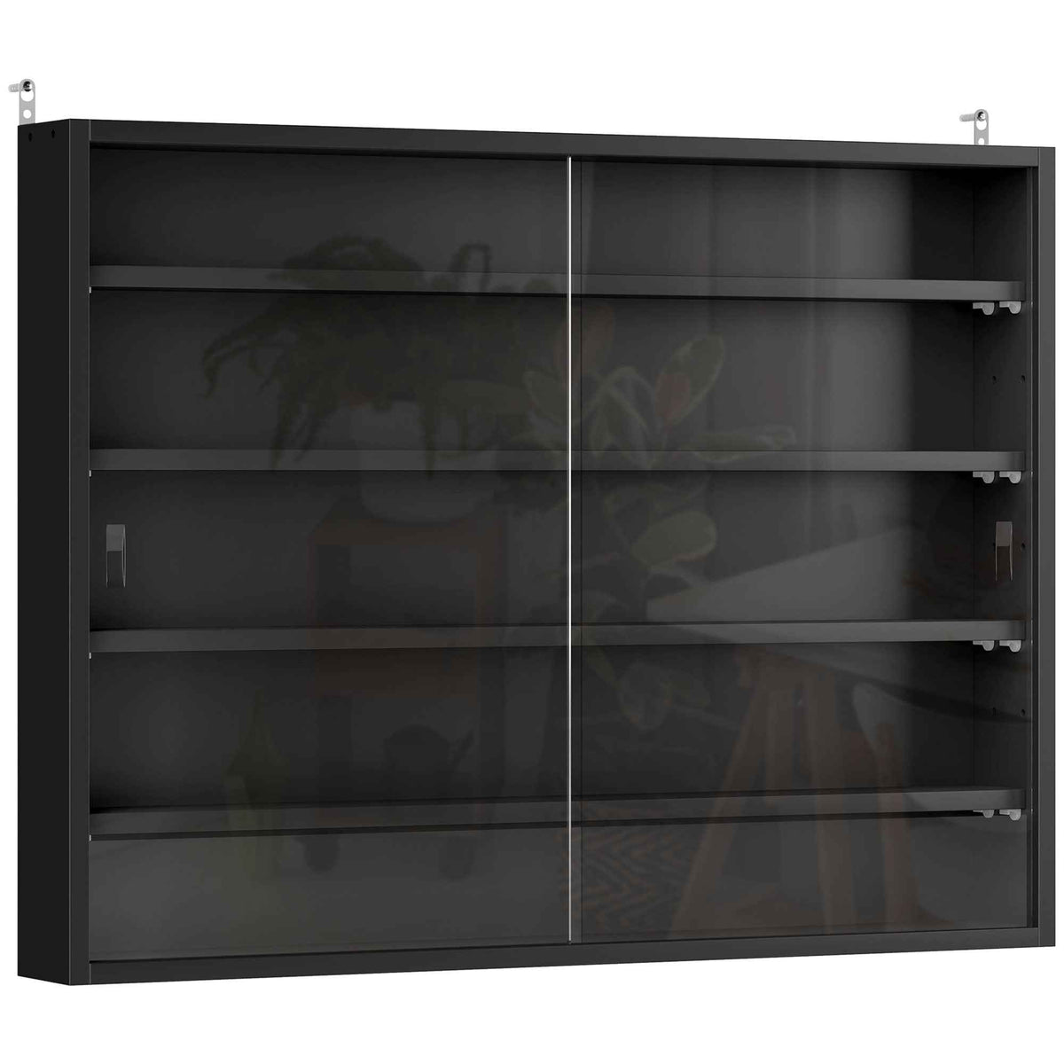 HOMCOM 5-Tier Wall Display Shelf Unit Cabinet w/ 4 Adjustable Shelves Glass Doors Home Office Ornaments 60x80cm Black