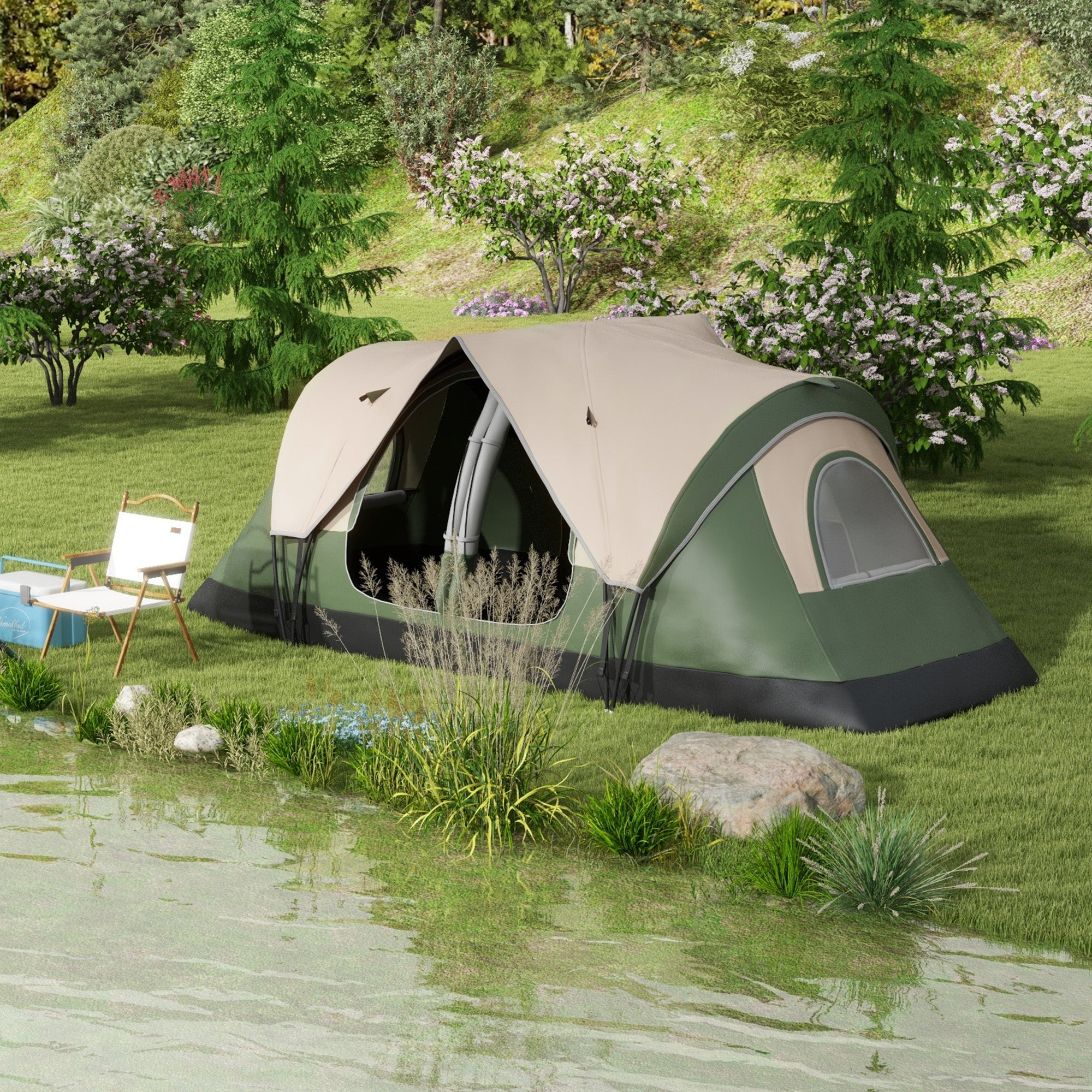 Outsunny Camping Tent for 6-8 Man with 2000mm Waterproof Rainfly and Carry Bag for Fishing Hiking Festival, Dark Green - North Peak Garden Furniture
