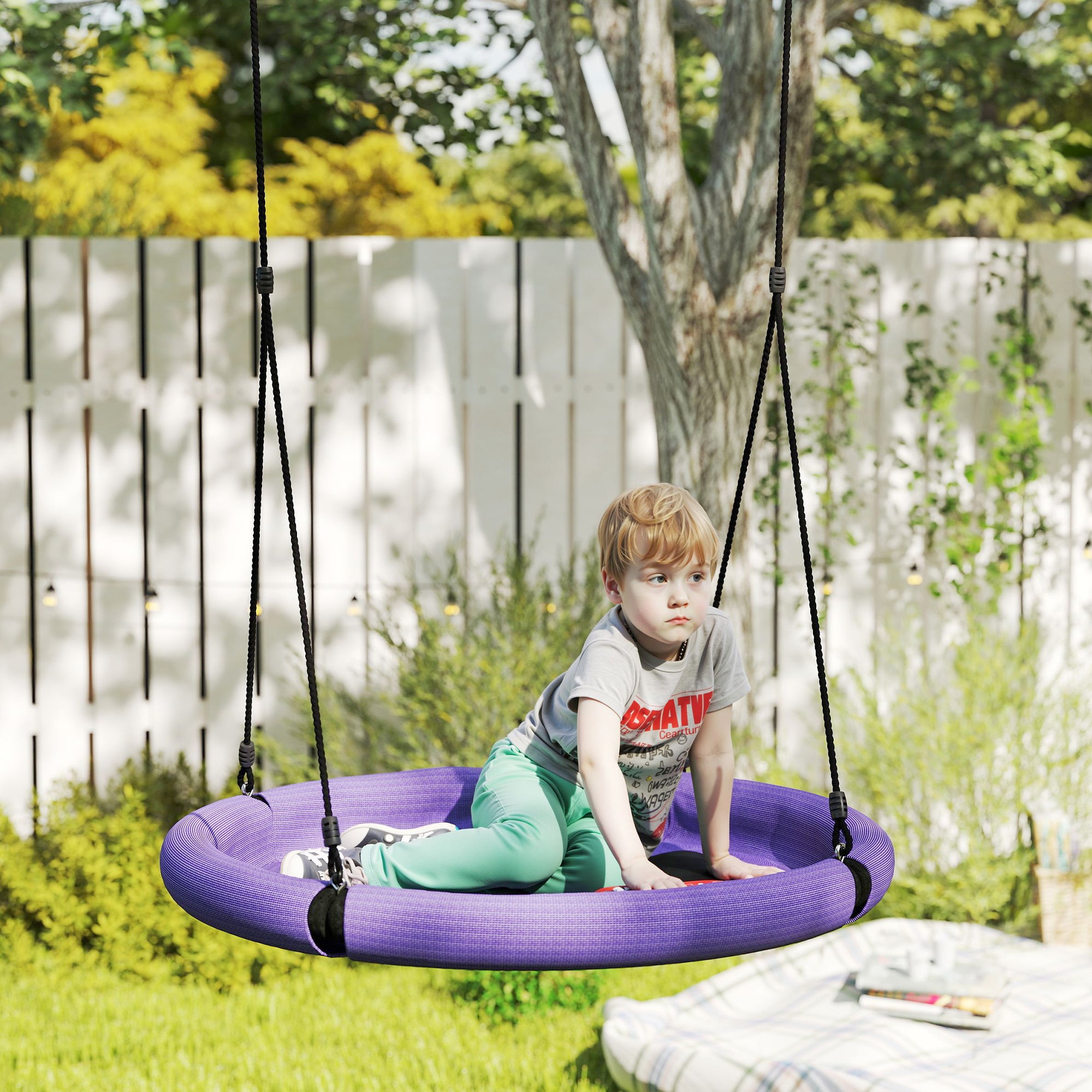 AIYAPLAY 100cm Diameter Nest Swing Seat for Kids with Height Adjustable Hanging Ropes for Outdoor, Playground, Garden, Purple - North Peak Garden Furniture
