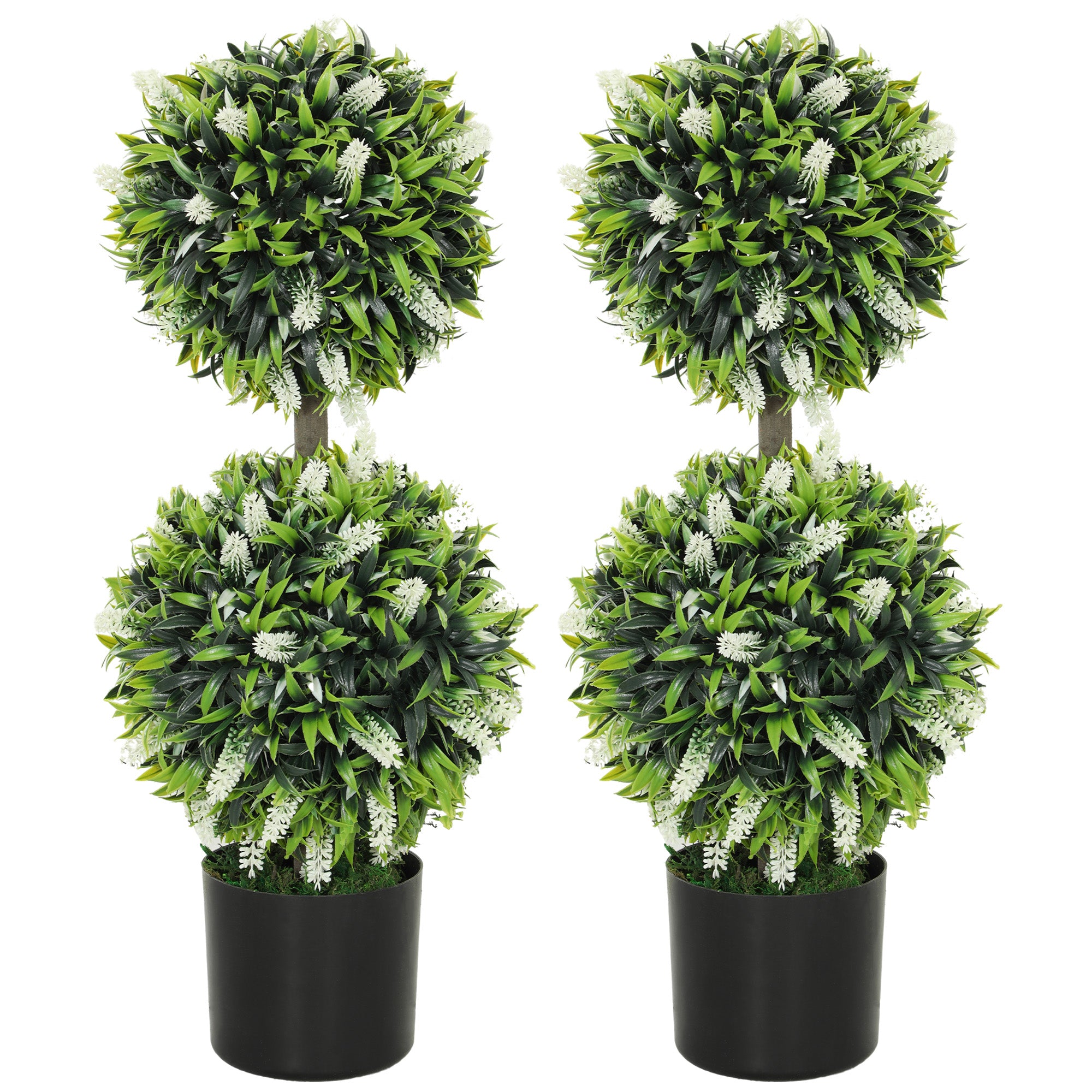 HOMCOM Set of 2 Decorative Artificial Plants Ball Trees with Lavender Flowers in Pot Fake Plants for Home Indoor Outdoor Decor, 70cm, White - North Peak Garden Furniture