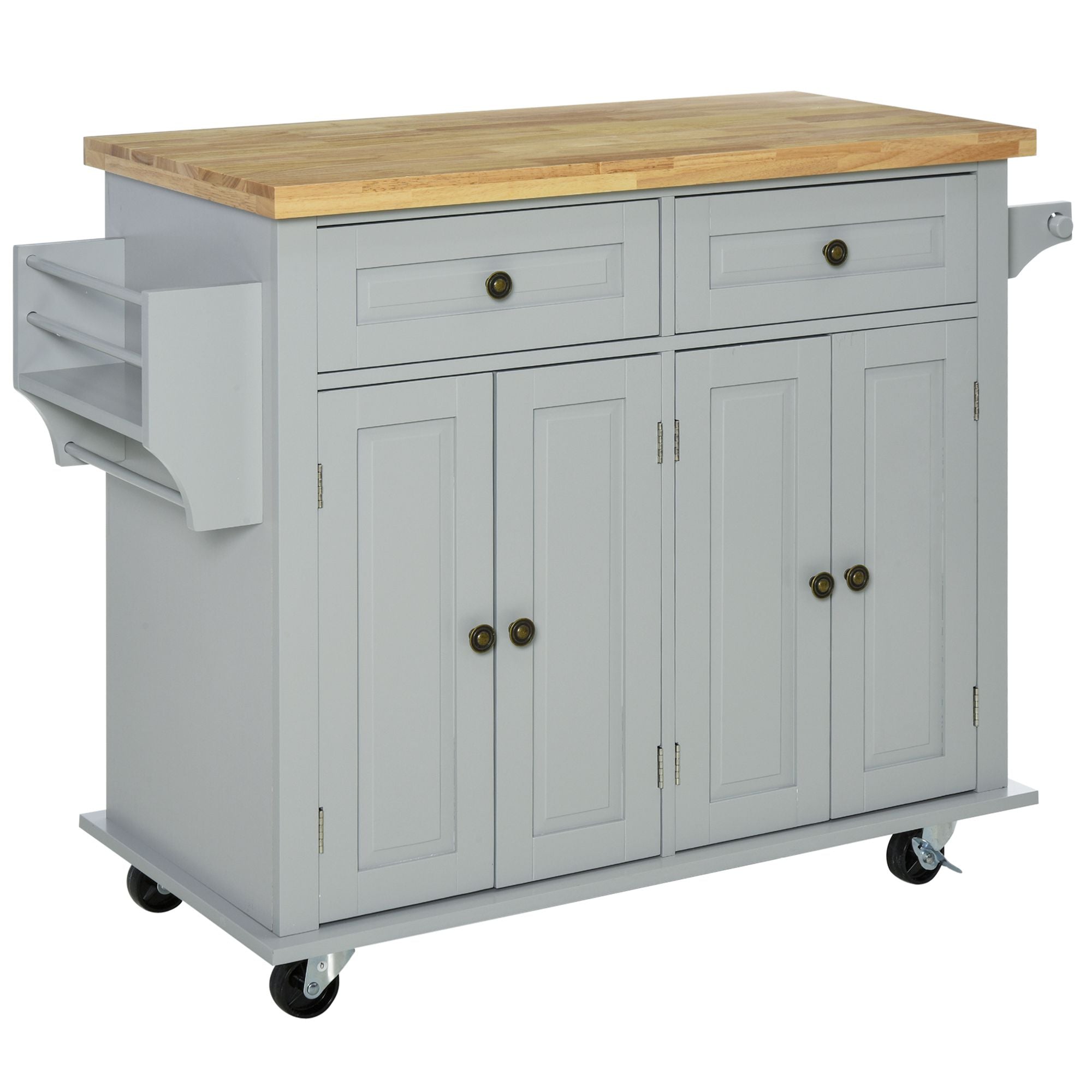 HOMCOM Rolling Kitchen Island Storage Trolley with Rubber Wood Top & Drawers for Dining Room, Grey - North Peak Garden Furniture