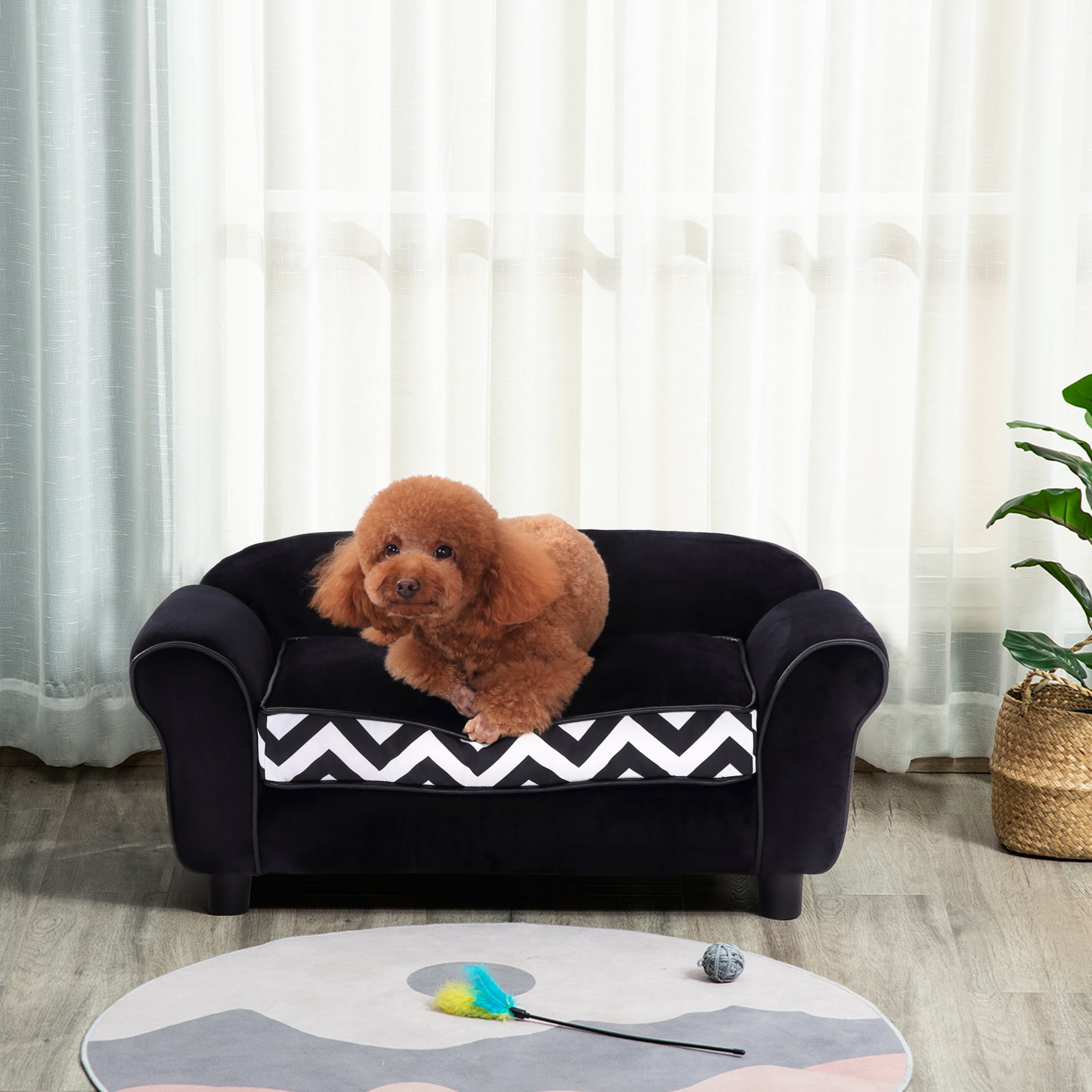 PawHut Dog Sofa Bed for XS-Sized Dogs, Cat Sofa with Soft Cushion, Pet Chair Lounge with Washable Cover, Removable Legs, Wooden Frame - Black - North Peak Garden Furniture
