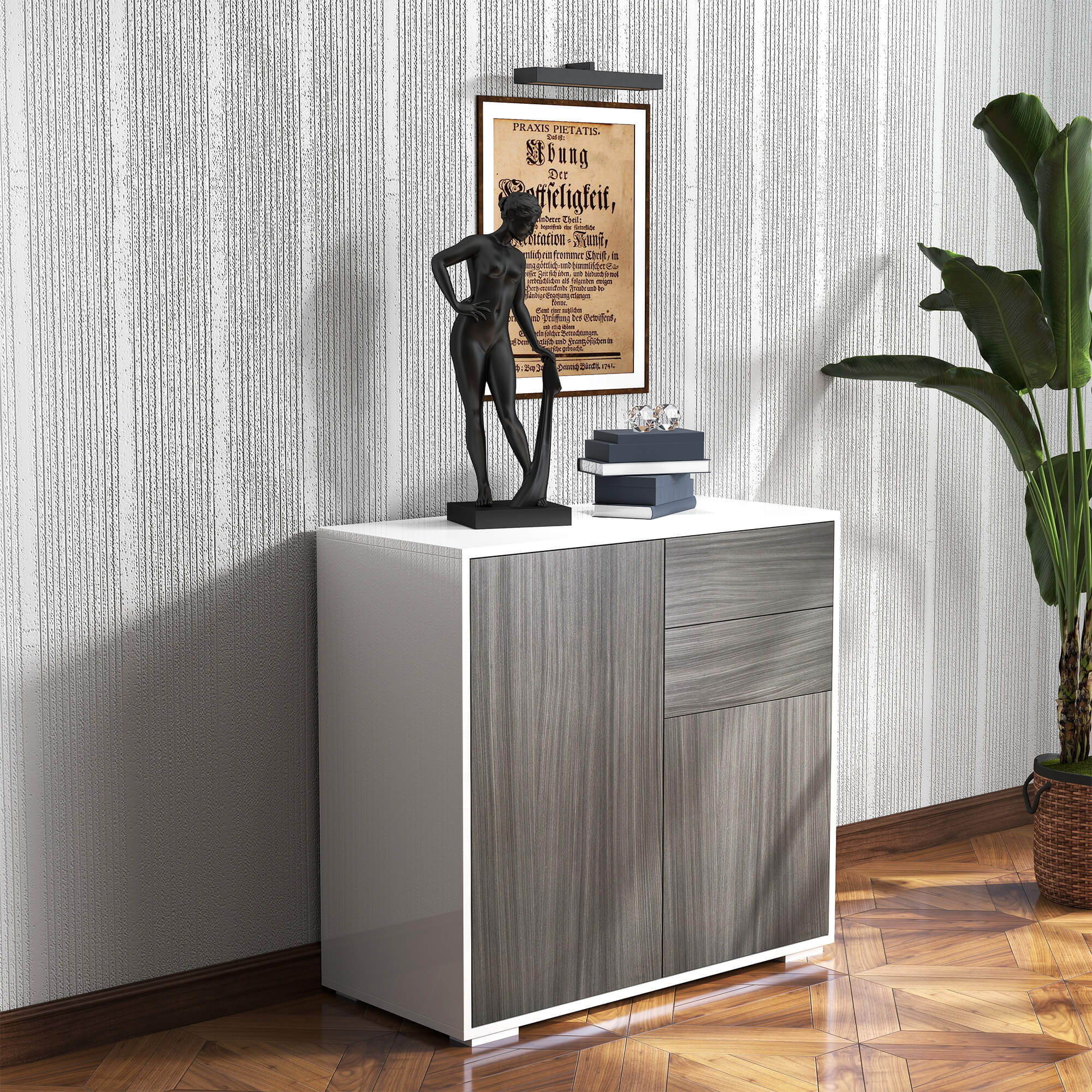 HOMCOM High Gloss Frame Sideboard, Side Cabinet, Push-Open Design with 2 Drawer for Living Room, Bedroom, Grey - North Peak Garden Furniture