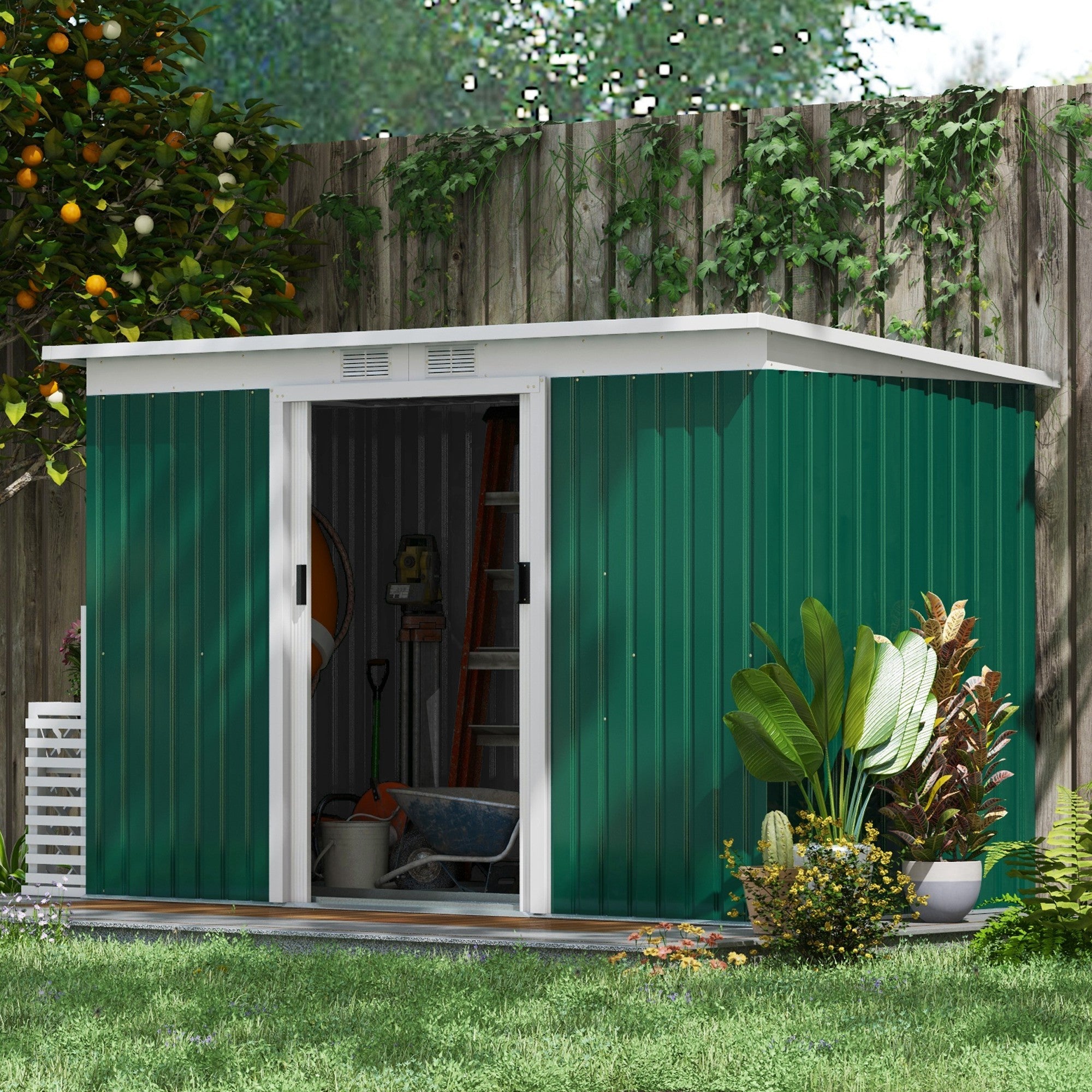 Outsunny 9ft x 4ft Metal Garden Shed, Outdoor Tool House with Foundation Kit, Ventilations and Double Doors, Deep Green - North Peak Garden Furniture