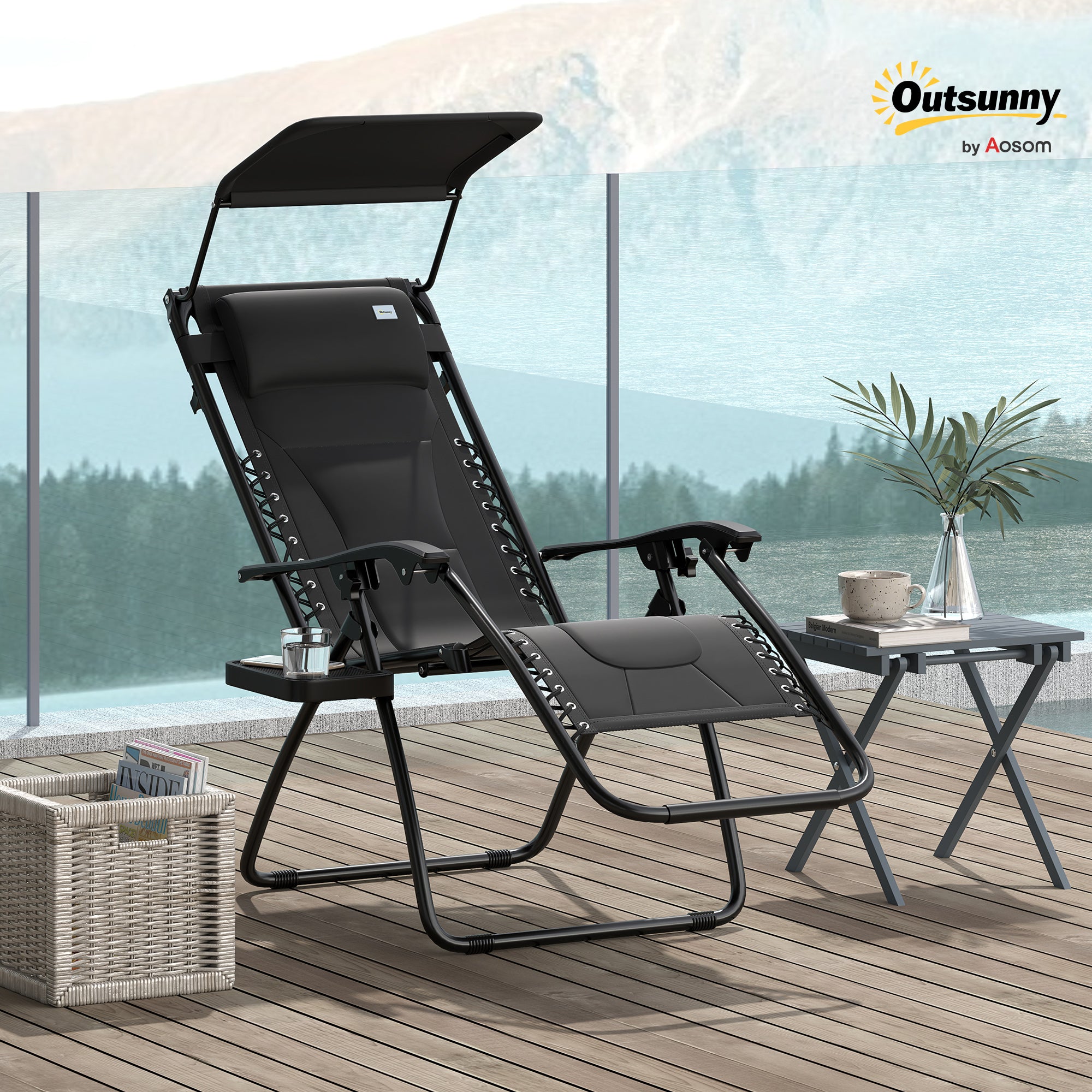 Outsunny Zero Gravity Lounger Chair, Folding Reclining Patio Chair with Shade Cover, Padded Seat, Cup Holder, Soft Cushion and Headrest for Poolside, Camping, Black - North Peak Garden Furniture