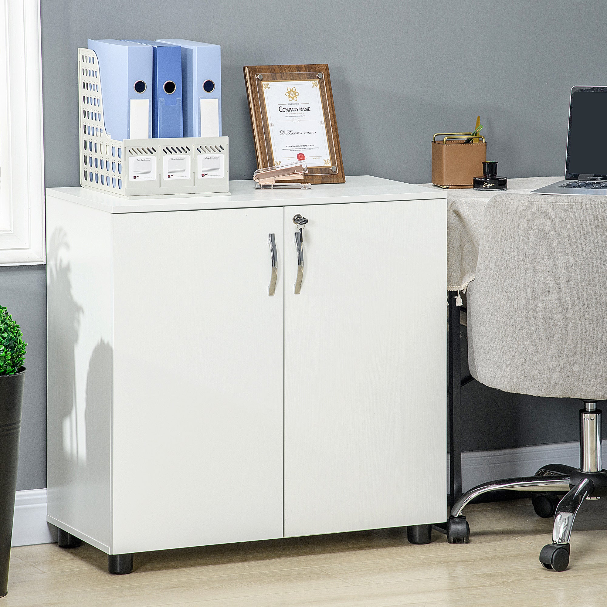 Vinsetto Lockable Office Storage Cabinet 2-Tier Filing Cabinet w/ Feet 2 Keys Melamine Coating Aluminium Handles Home Office Printer Stand White - North Peak Garden Furniture