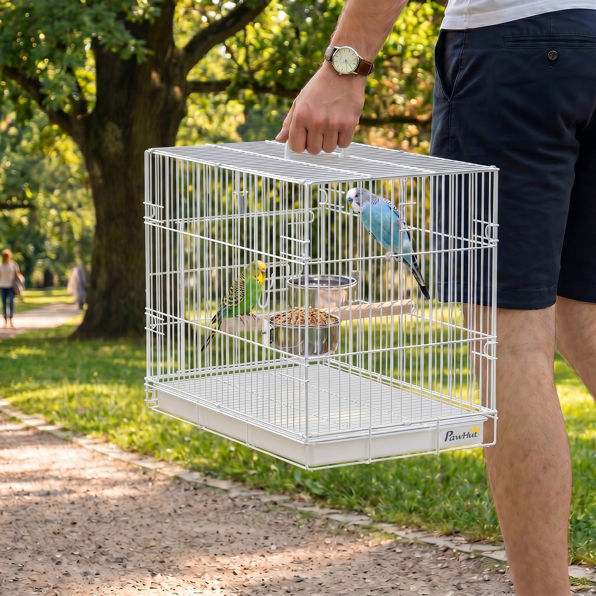 PawHut Bird Cage Foldable Portable Budgie Cage with Wooden Perch 2 Bowls for Travel 49 x 31 x 40 cm White