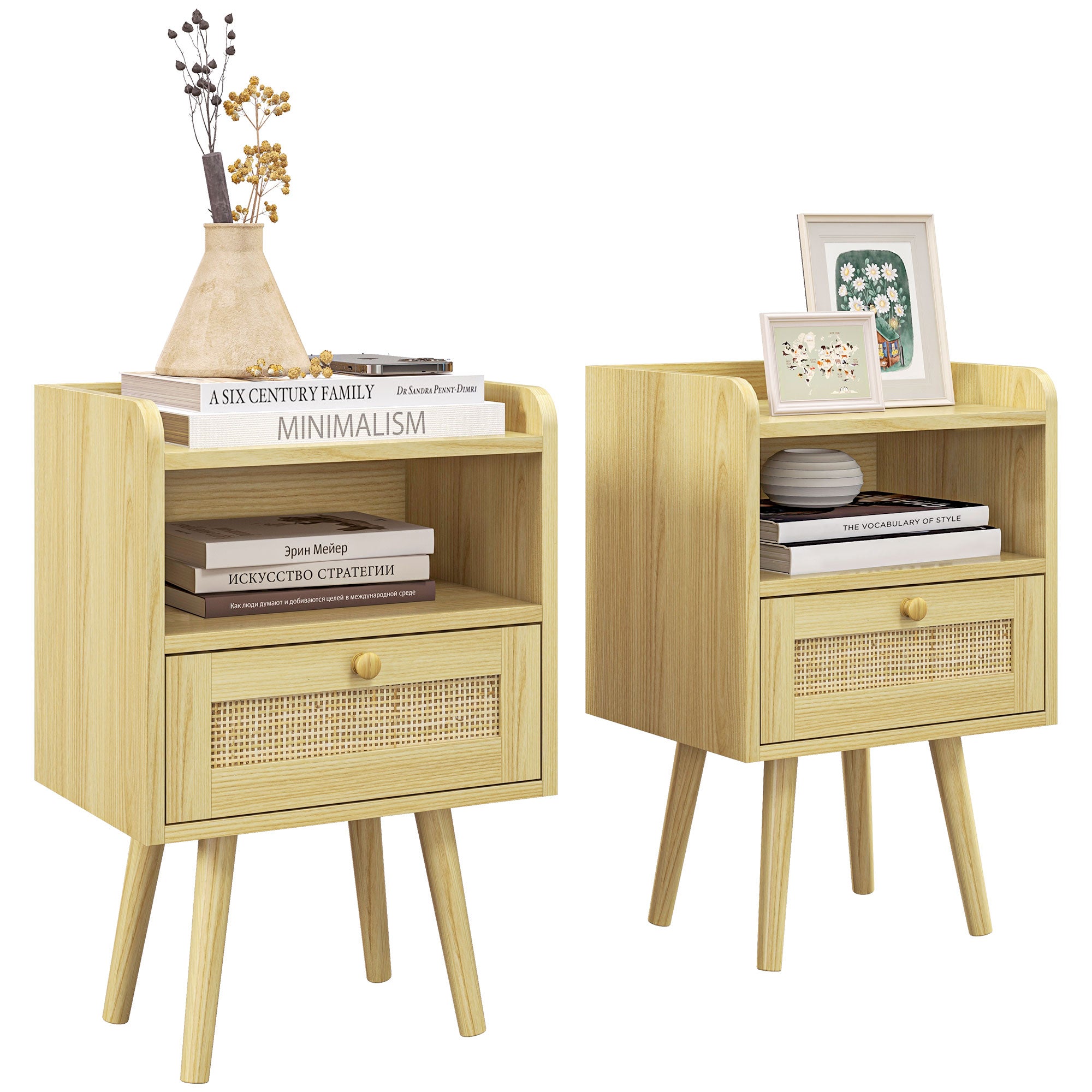 HOMCOM Set of Two Rattan Weave Bedside Tables - Wood Effect - North Peak Garden Furniture
