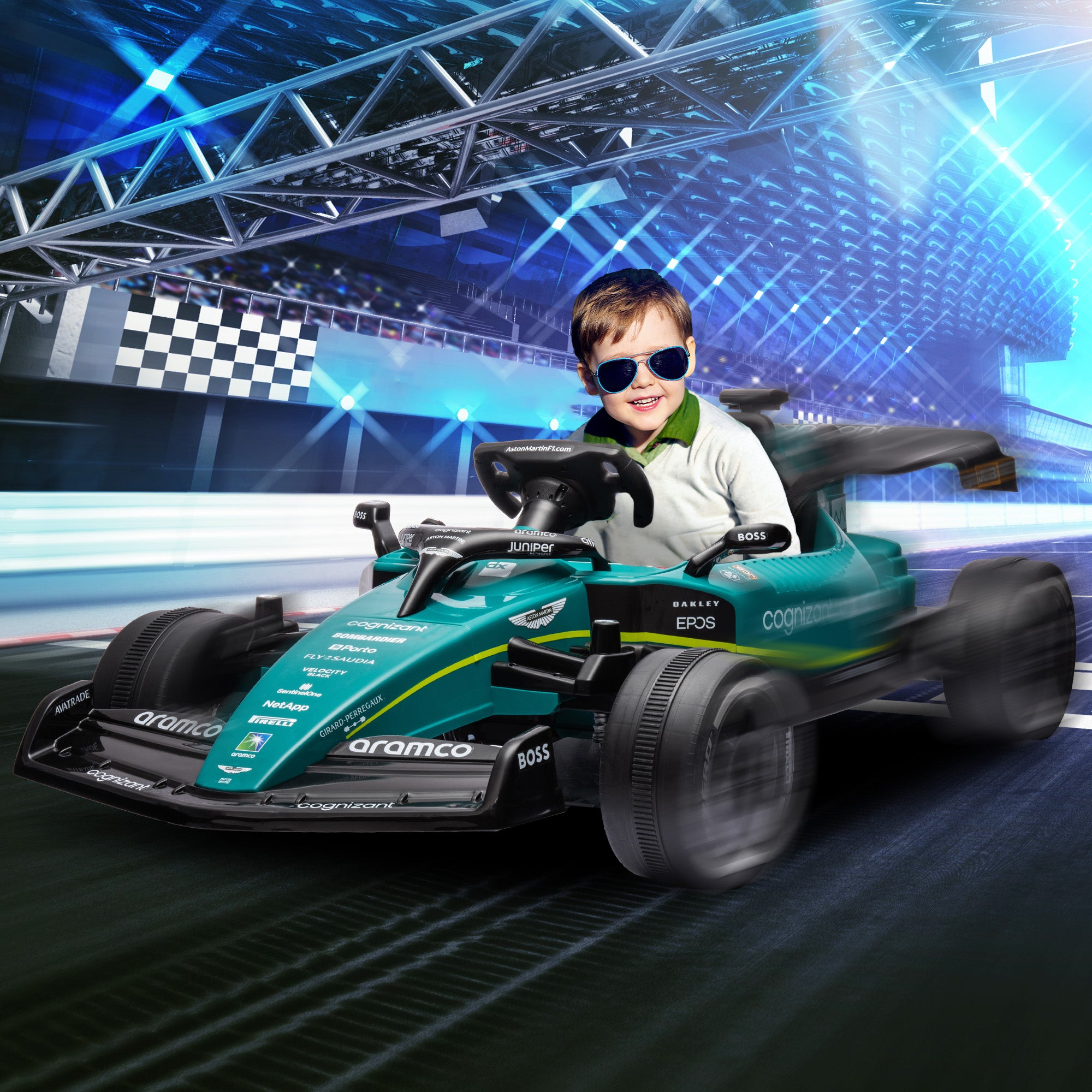 AIYAPLAY Aston Martin Licensed 12V Kids Ride on Racing Kart w/ Bluetooth, 4 Suspension Wheels, Music Lights Horn, Green - North Peak Garden Furniture