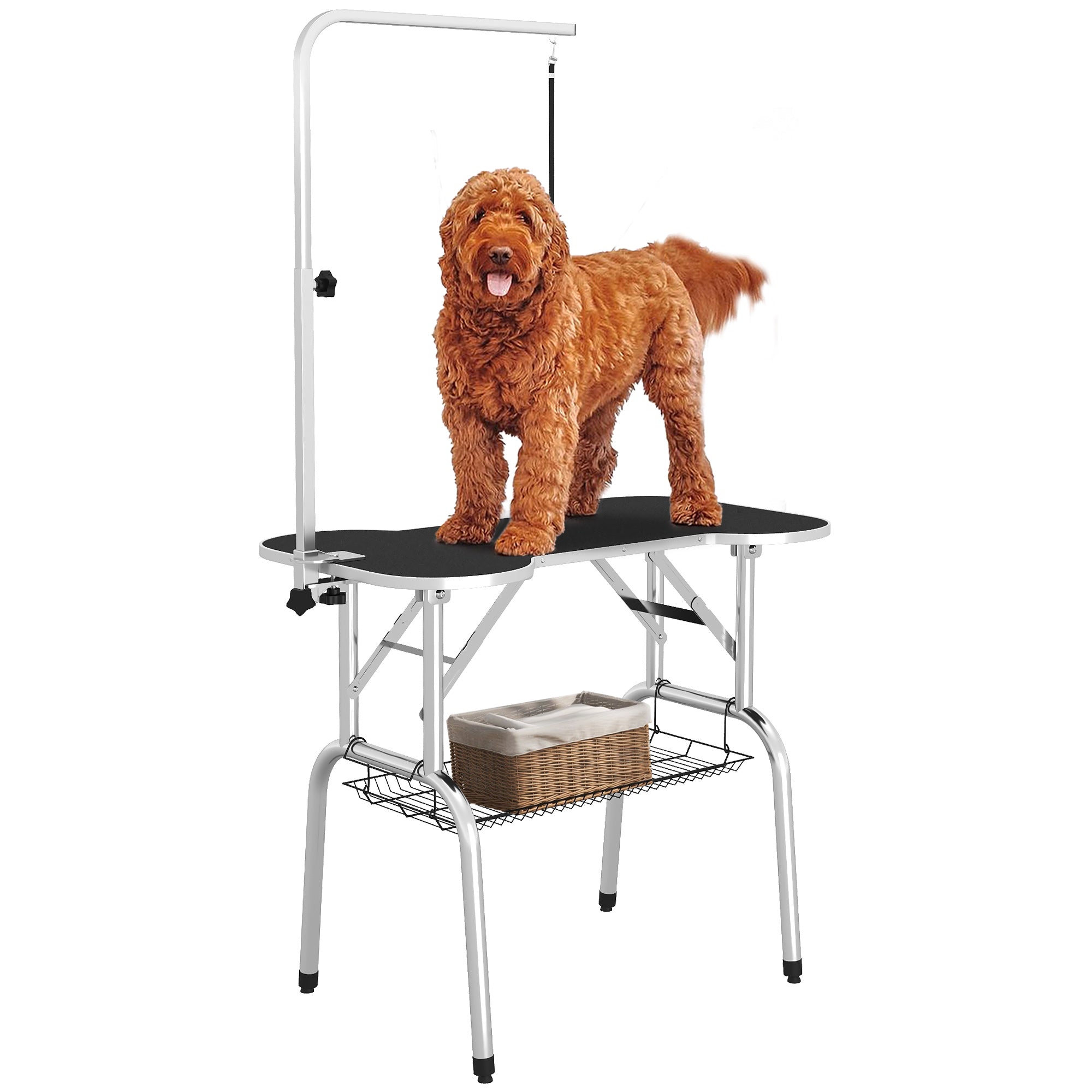 PawHut Foldable Dog Grooming Table Pet Drying Table with Adjustable Arm Non-Slip Rubber Tabletop Aluminium Alloy Edge Stainless Steel Bar Sling 94.5 x 55 x 81cm Black - North Peak Garden Furniture