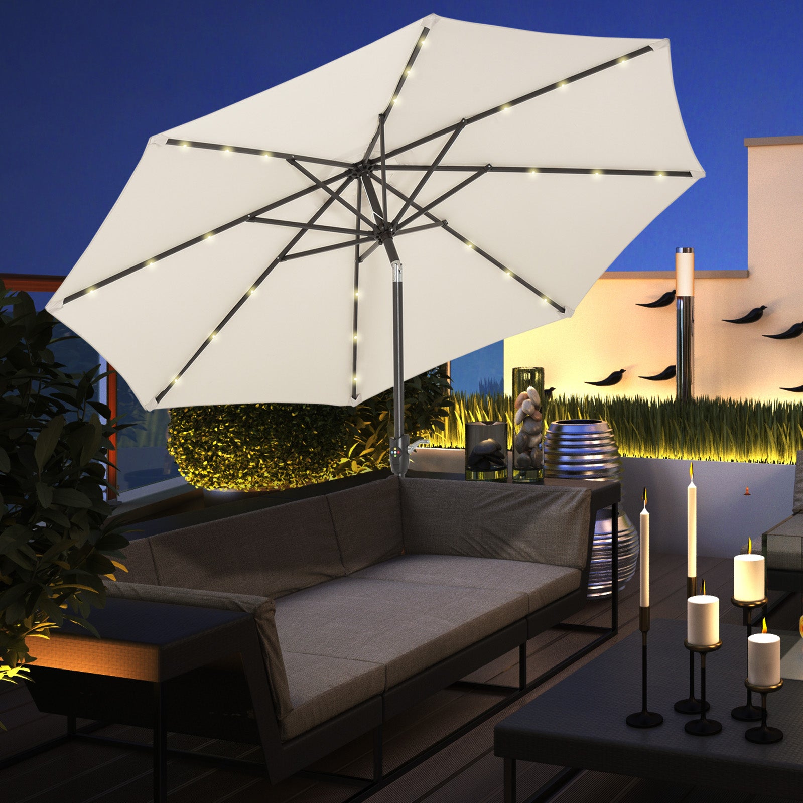 Outsunny Φ2.7m Garden 24 LED Light Parasol Solar Outdoor Tilt Sun Umbrella Patio Club Party Event Manual Sun Shade w/ Hand Crank and 8 Ribs, Off-white - North Peak Garden Furniture
