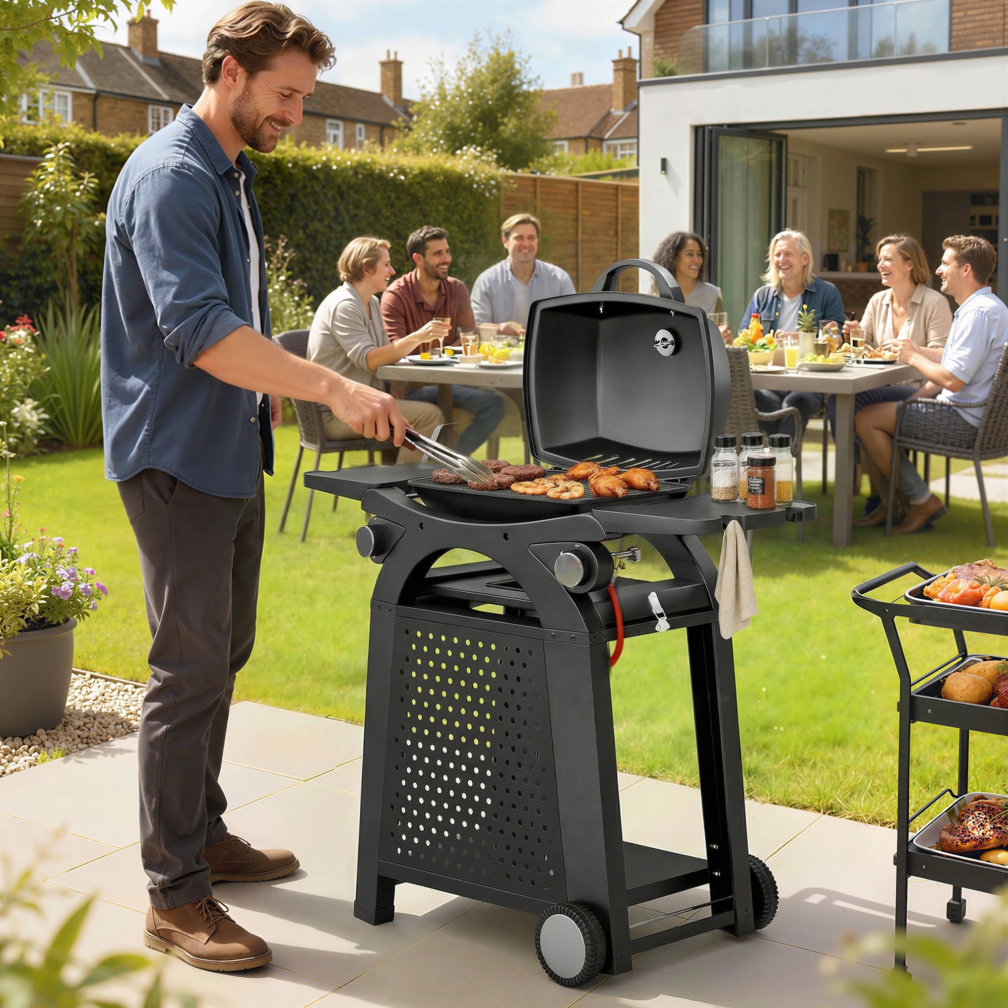 Outsunny 2 Burner Gas Grill with 2 Side Tables, 3.8 KW Barbecue Grill with Cast Iron Grates, 2-in-1 Tabletop BBQ with Wheels