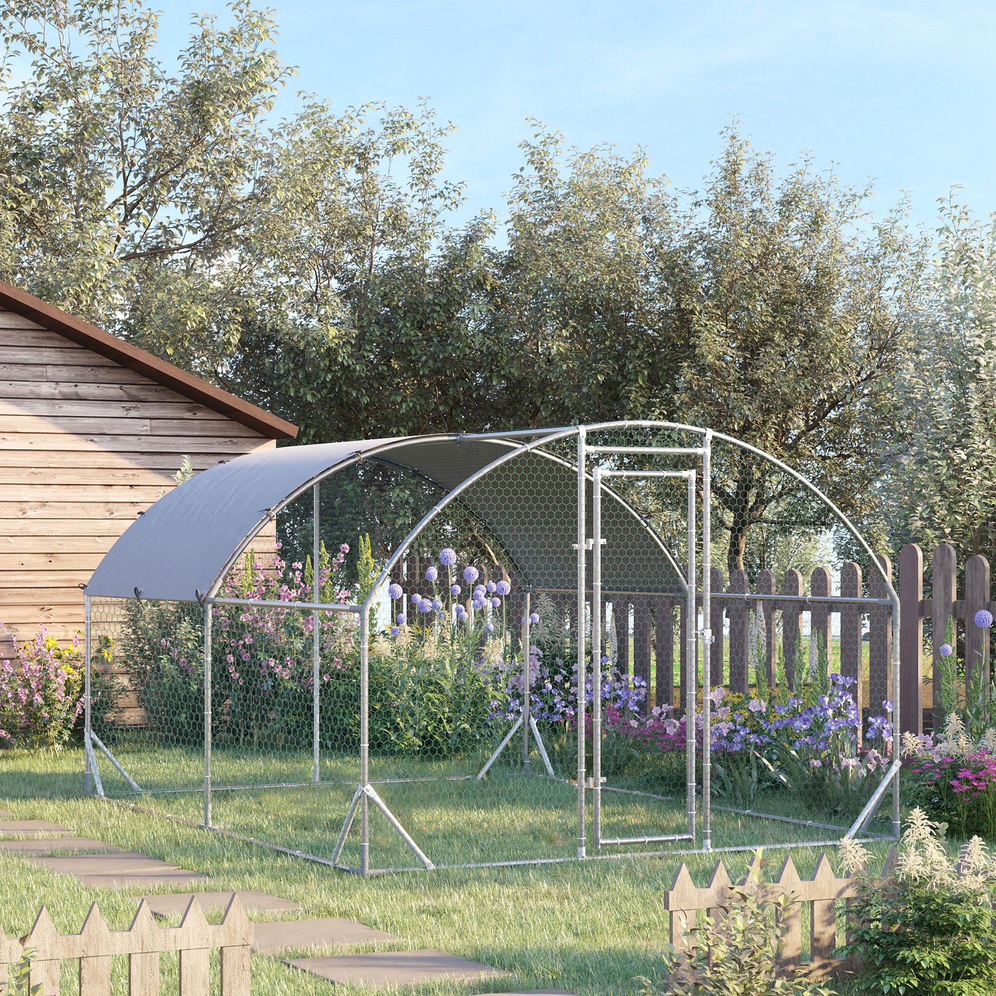 PawHut Walk In Chicken Run Galvanised Chicken Coop Hen Poultry House Cage Rabbit Hutch Pet Playpen Garden with Water-Resist Cover, 2.8 x 3.8 x 2m - North Peak Garden Furniture