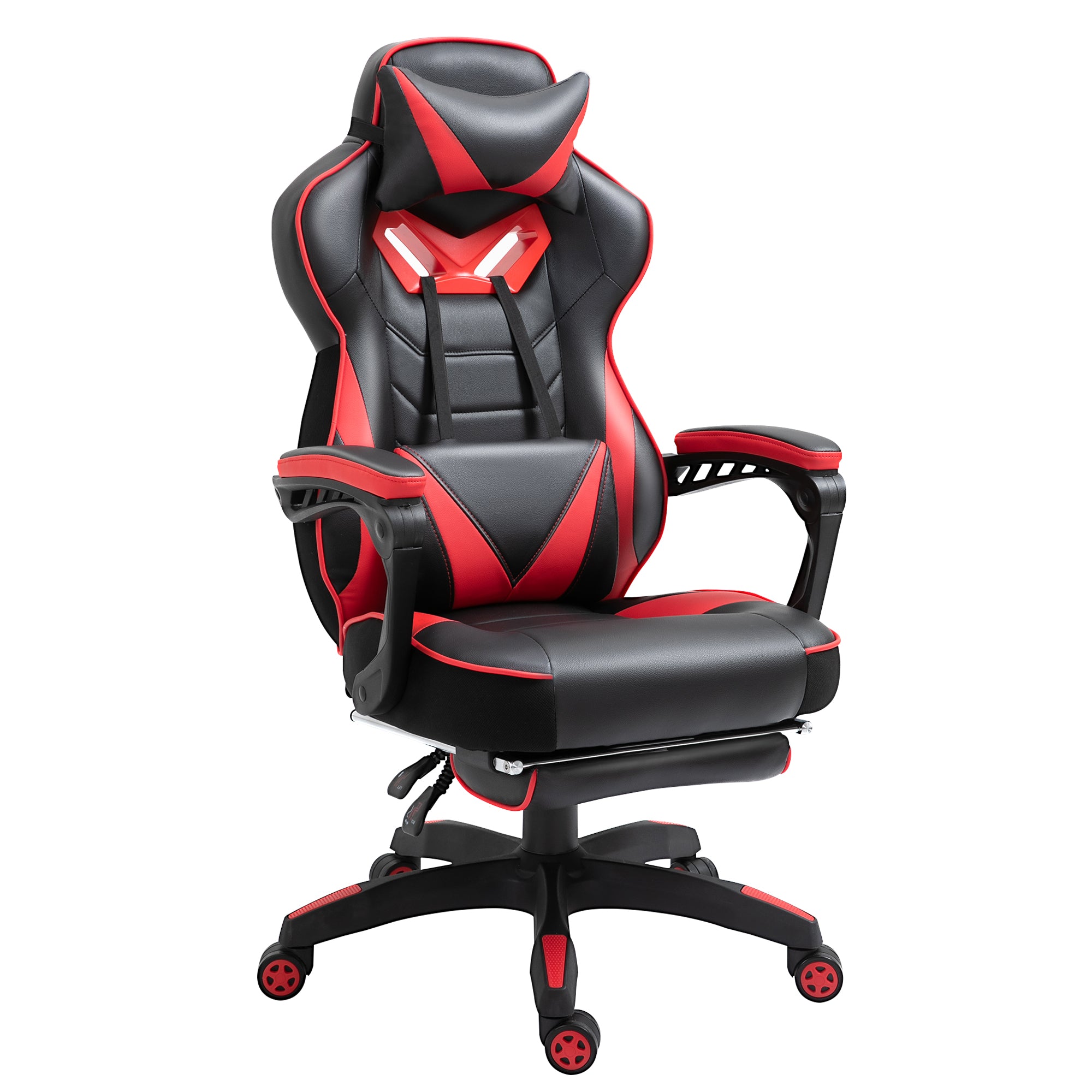 Vinsetto Computer Gaming Chair, Racing Desk Chair with Lumbar Support and Footrest, PU Leather Gamer Chair with Headrest and Swivel Wheels for Home, Red - North Peak Garden Furniture