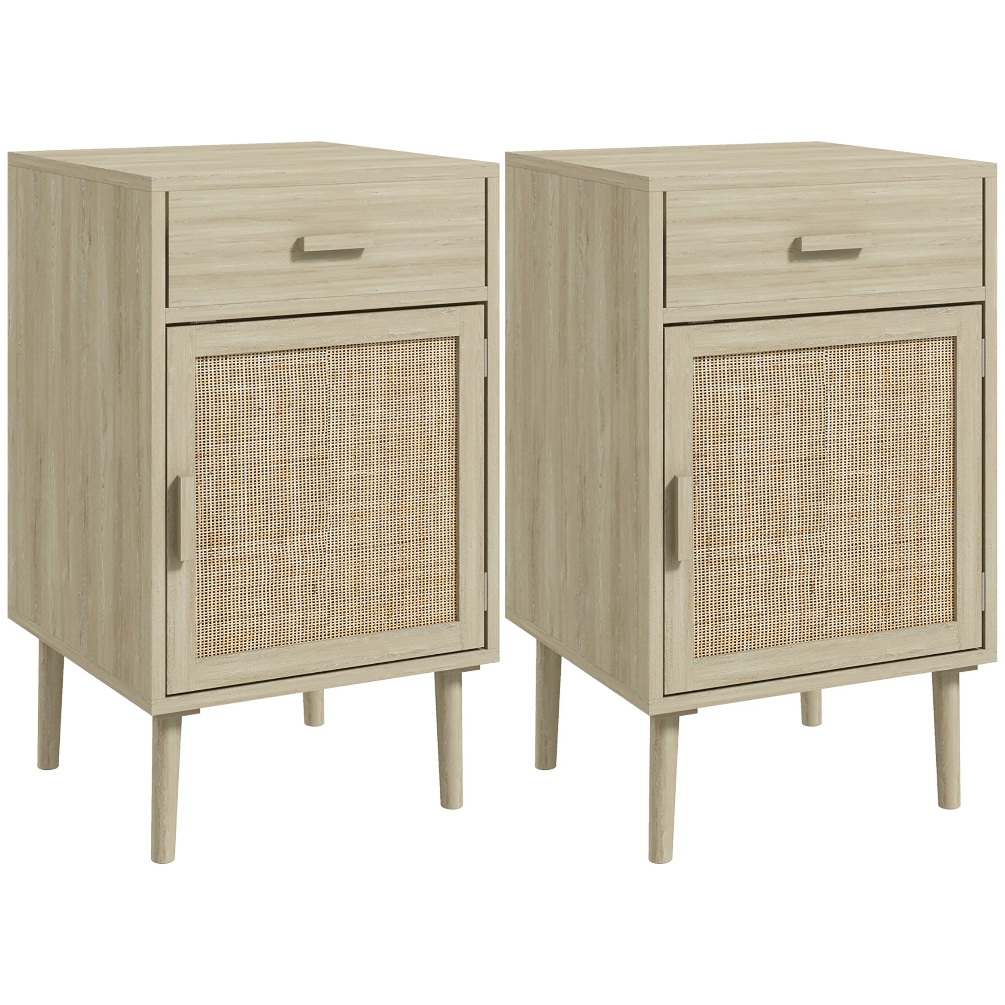 HOMCOM Bedside Table Set of 2, Rattan Side Tables with Drawer, Cabinet and Adjustable Shelf, Boho Bedside Cabinet with Storage for Bedroom, Living Room, Natural Wood Effect - North Peak Garden Furniture