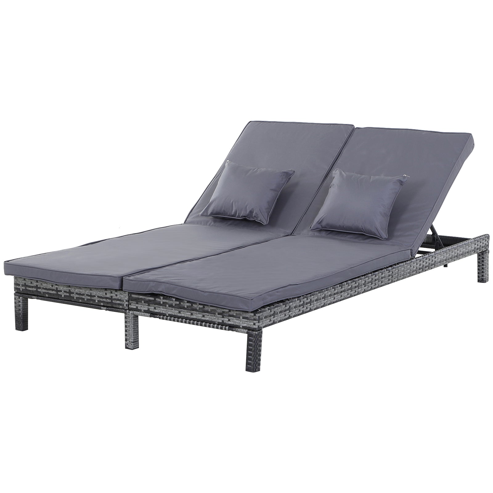 Outsunny 2 Seater Rattan Lounger Adjustable Double Chaise Chair Loveseat w/ Cushion - Grey - North Peak Garden Furniture
